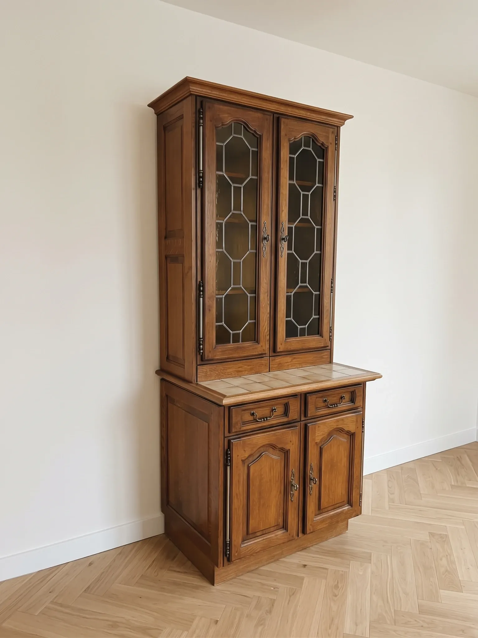 Buffet, vintage wooden sideboard with display cabinet and tiled top.