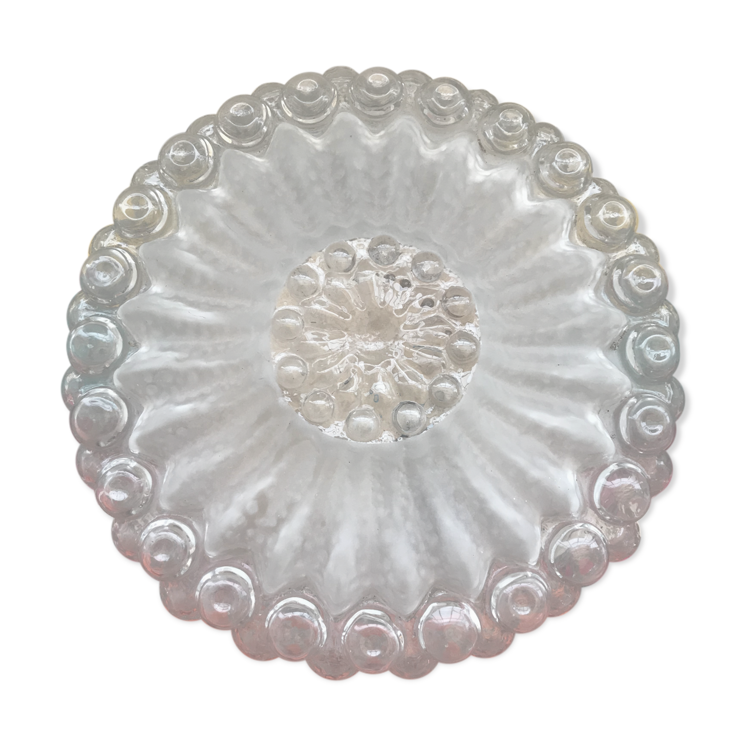 Plafonnier rond en verre moulé avec socle métal vintage