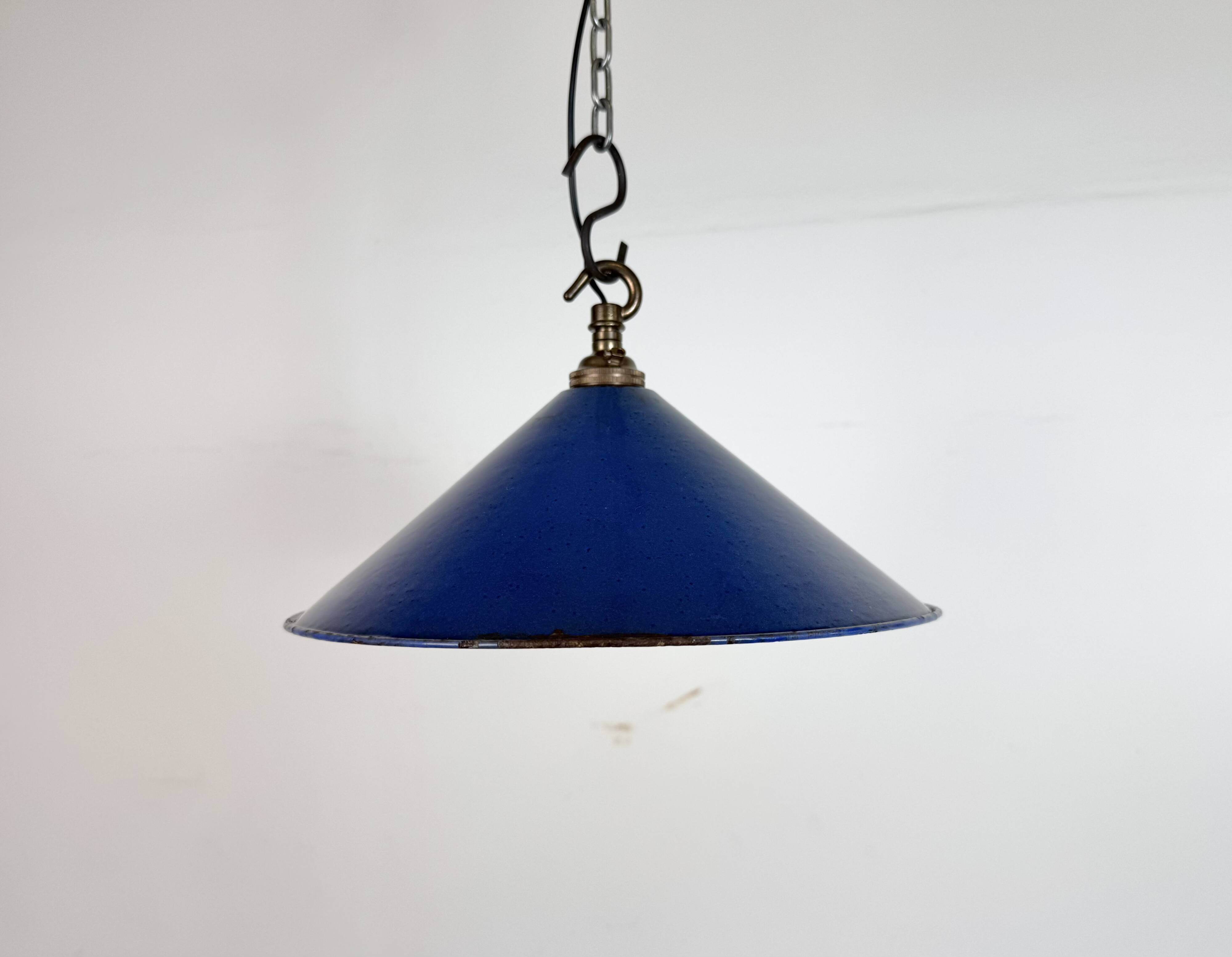 Industrial British Blue Enamel Factory Pendant Lamp, 1950s