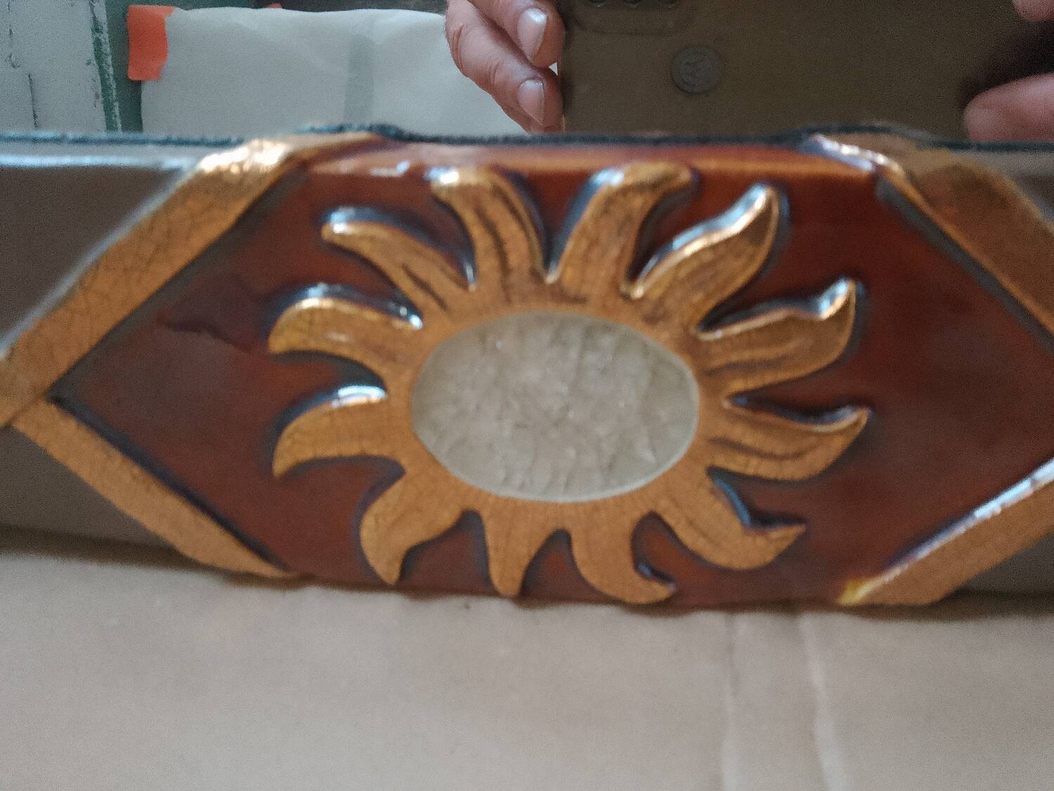 Large ceramic mirror signed Marion de Crecy, daughter of Mithé Espelt
