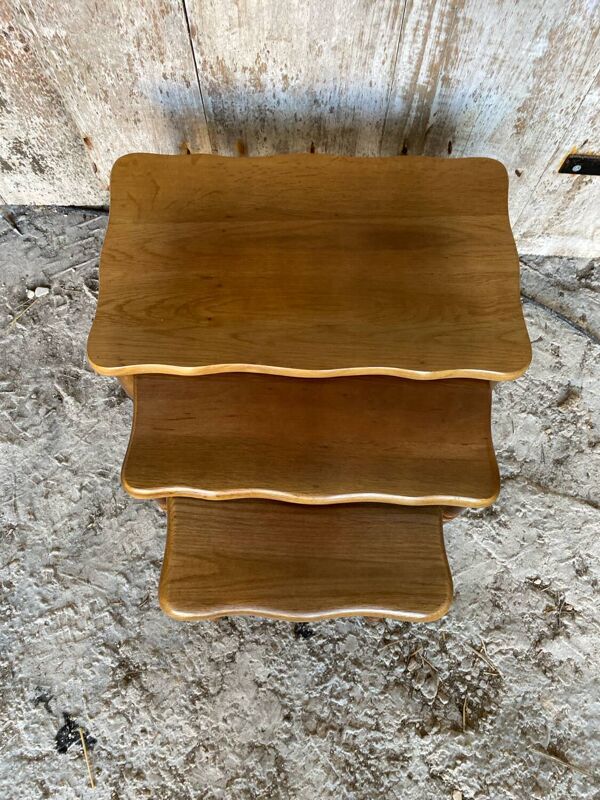 Série De 3 Tables Gigognes Anciennes Bois Pieds Tournés Vintage #D592