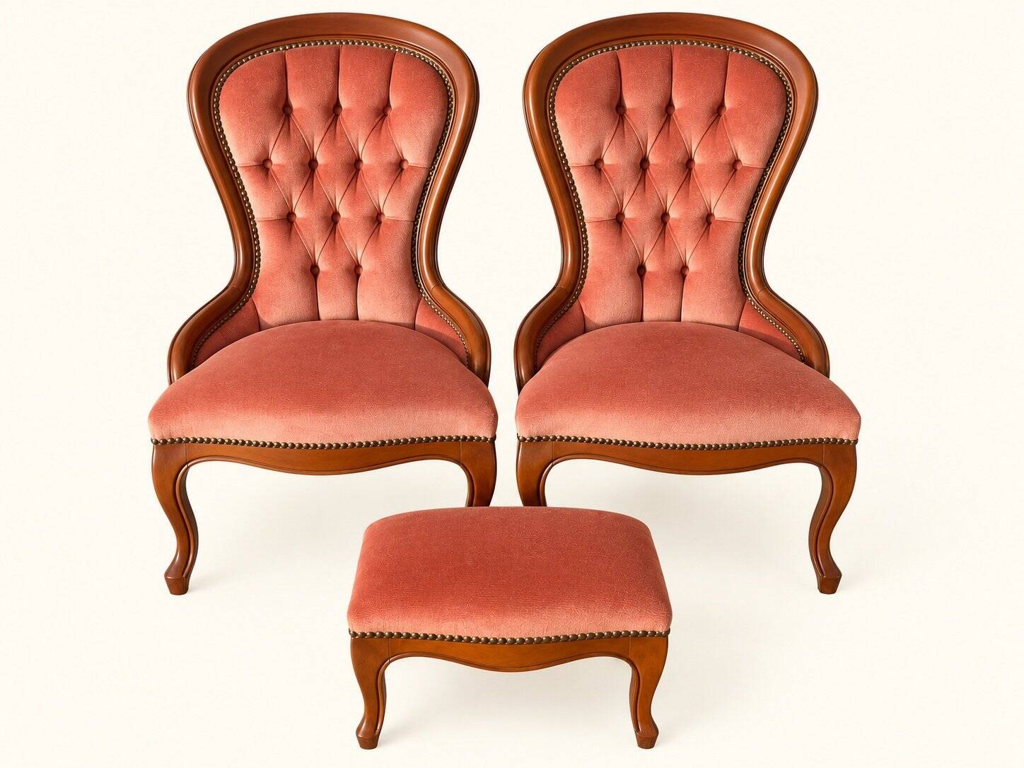 Paire de chauffeuses & pouf Louis-Philippe velours rose, XIXe