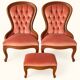 Paire de chauffeuses & pouf Louis-Philippe velours rose, XIXe