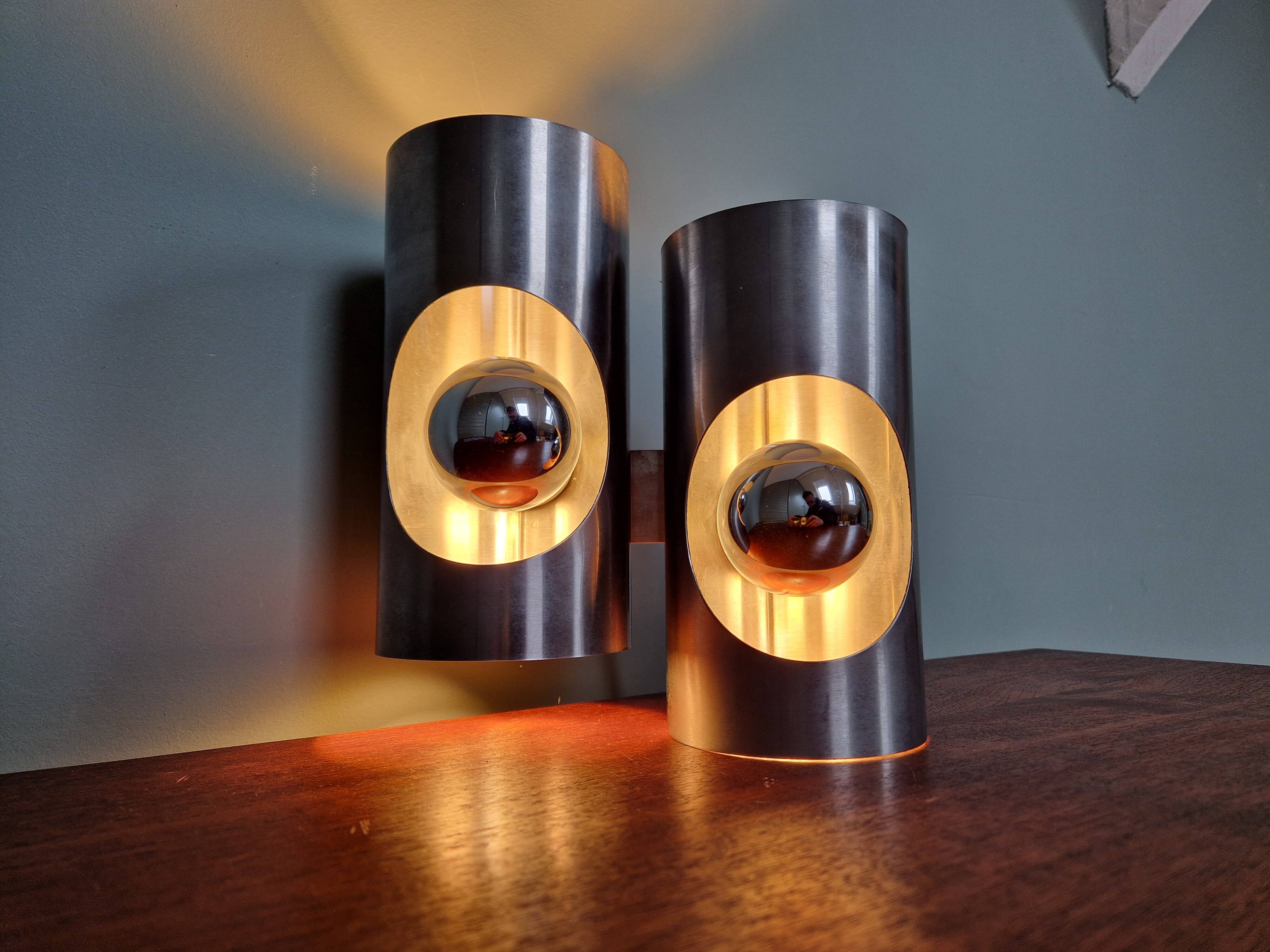 Space Age double wall lamp, in brushed aluminum, 1970s
