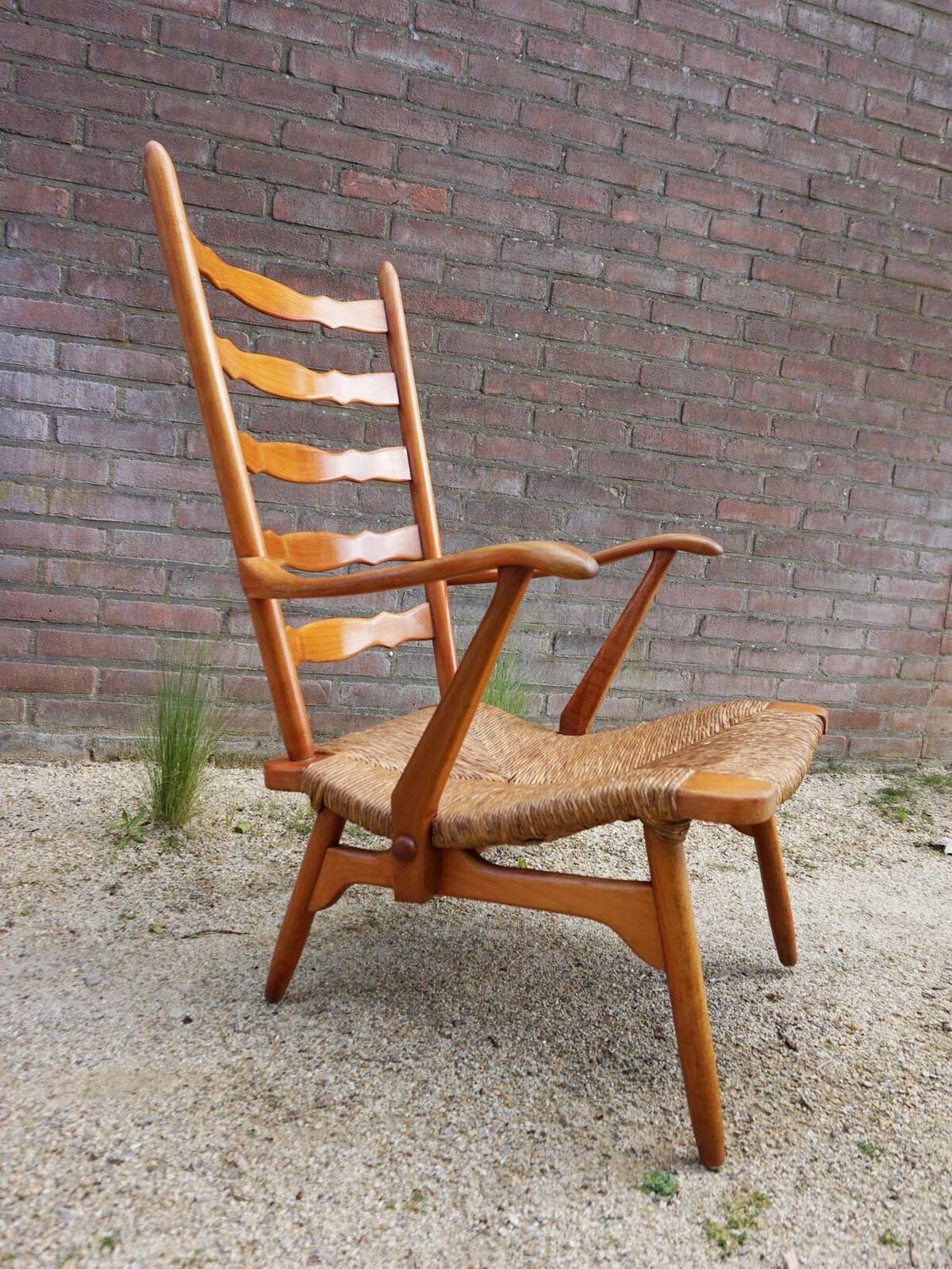 Fauteuil à dossier haut en osier des années 50 néerlandais par De Ster Gelderland