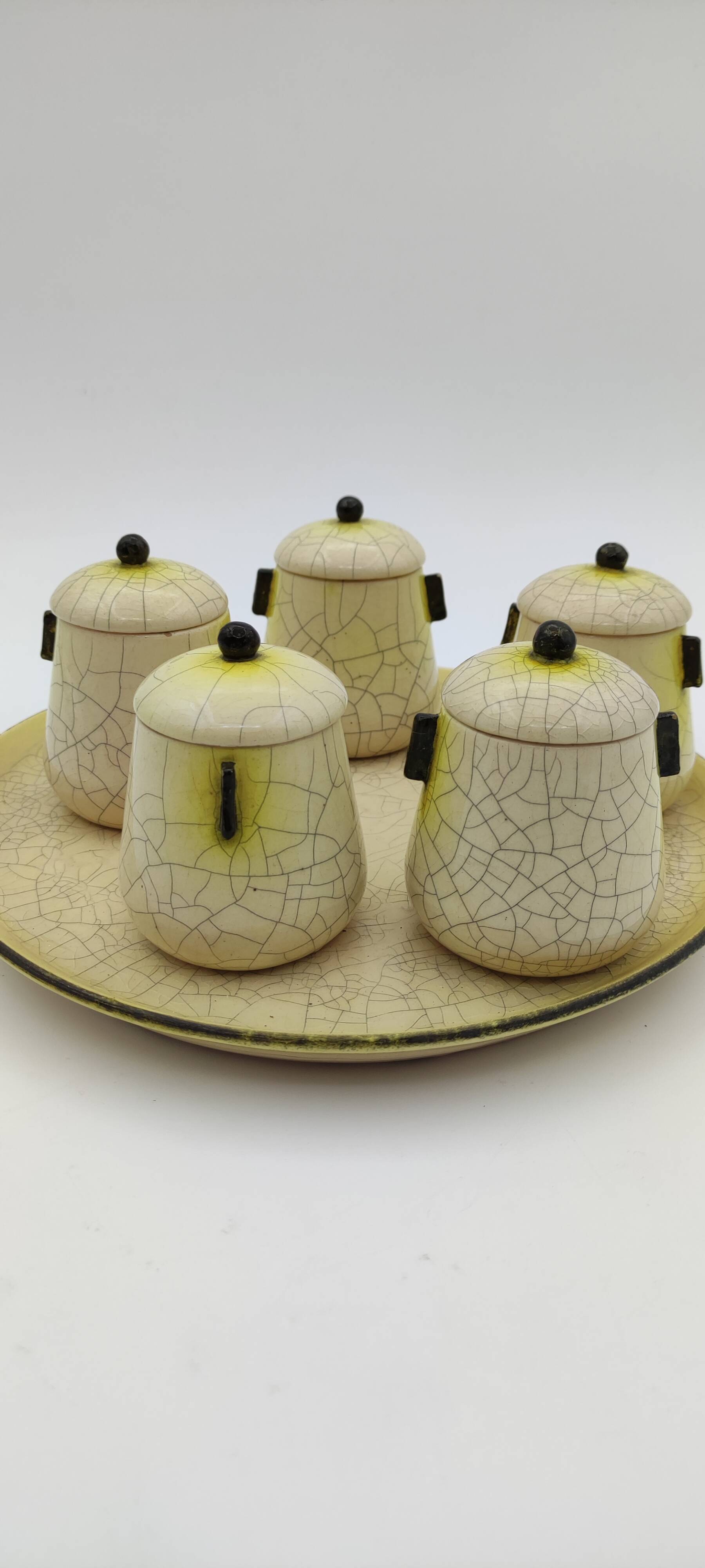 5 ceramic pots and tray Jean Maubrou Puisaye
