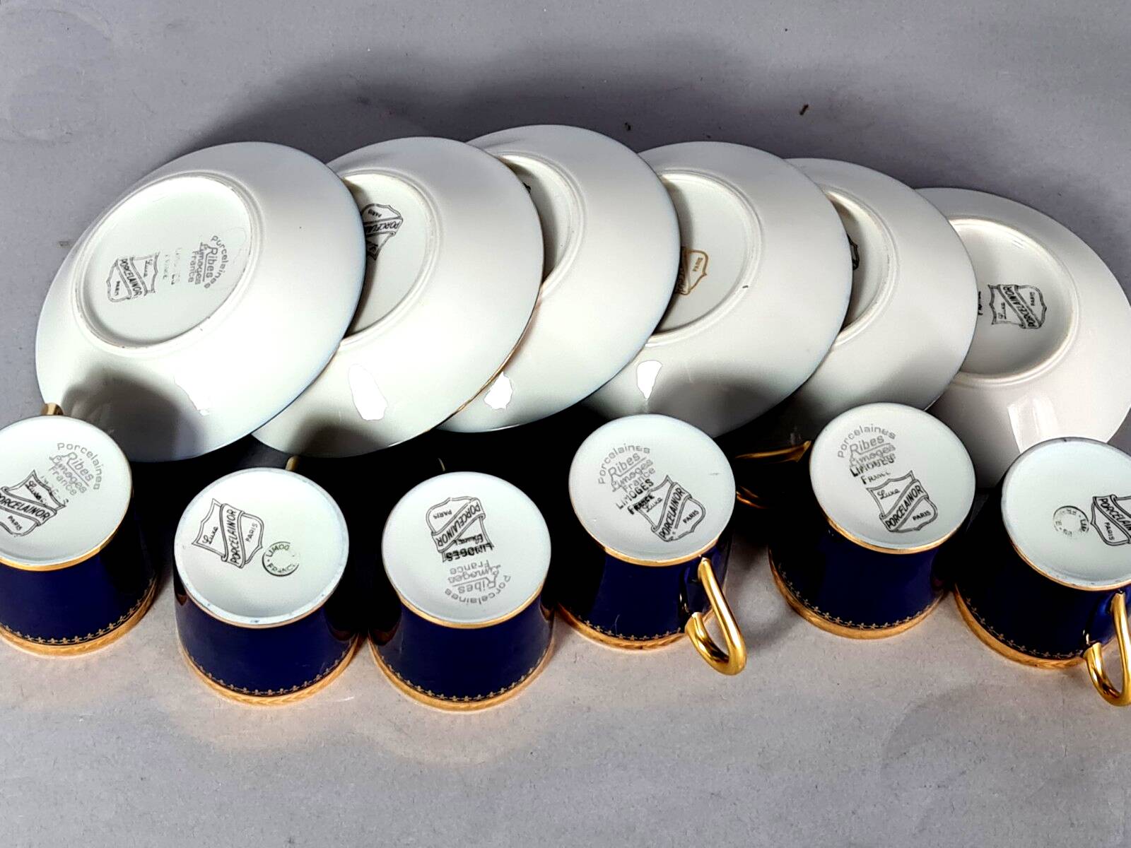 6 Limoges oven blue porcelain cups for Porcelainor Paris + case C582