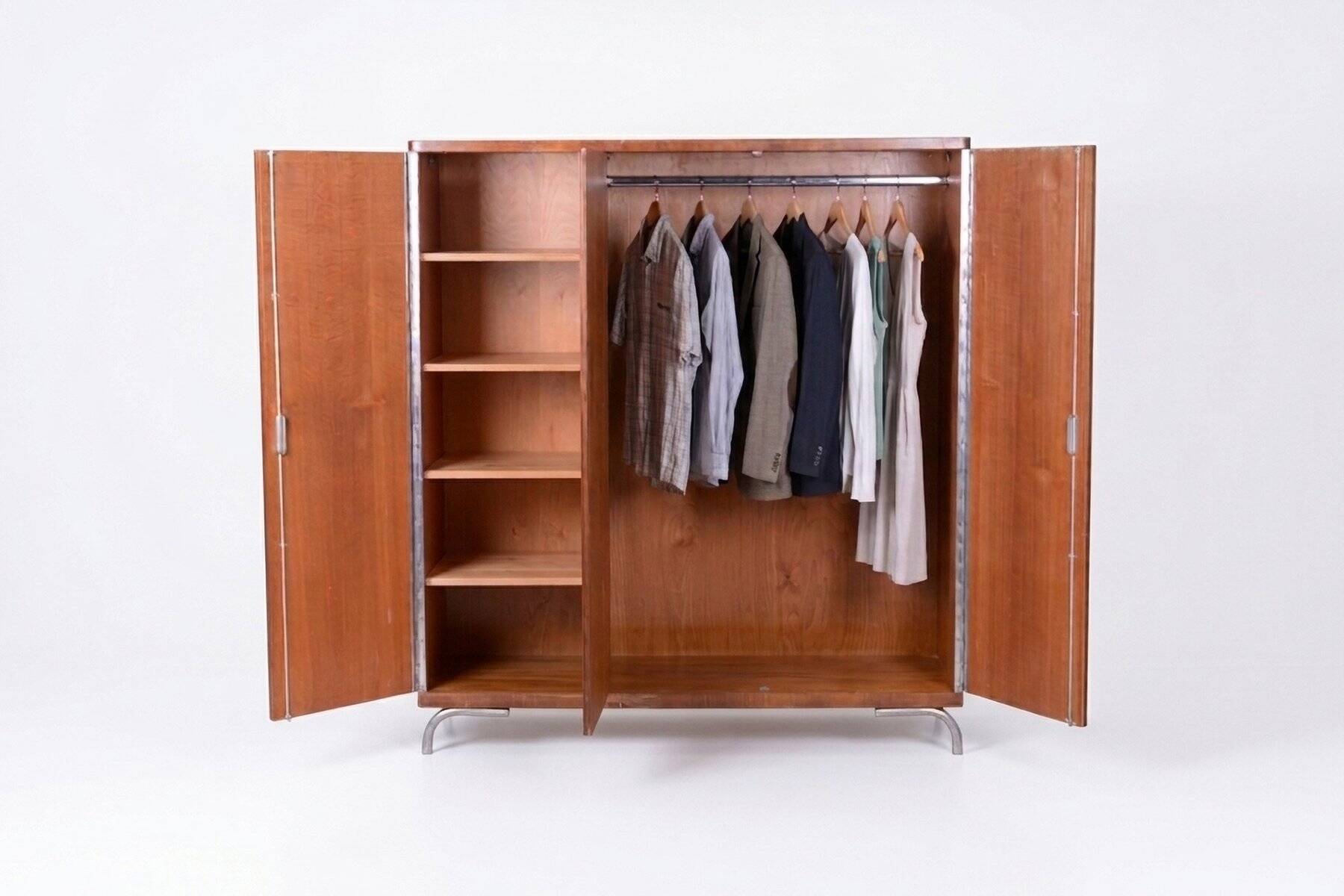 Bauhaus Wardrobe in Chromed Steel and Walnut by Slezak, Czech, 1930s