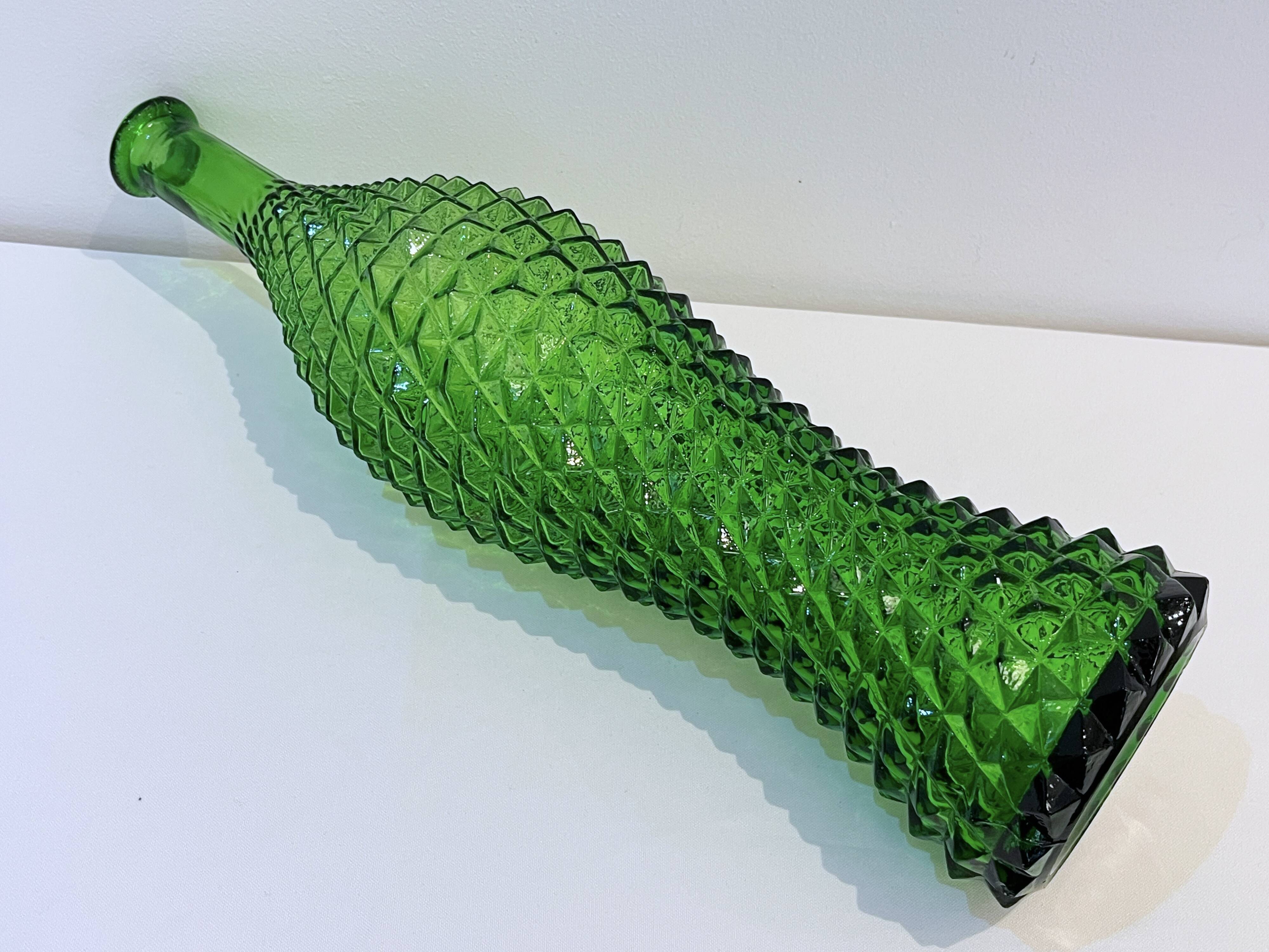 Empoli bottle vintage carafe in green diamond point glass Italy