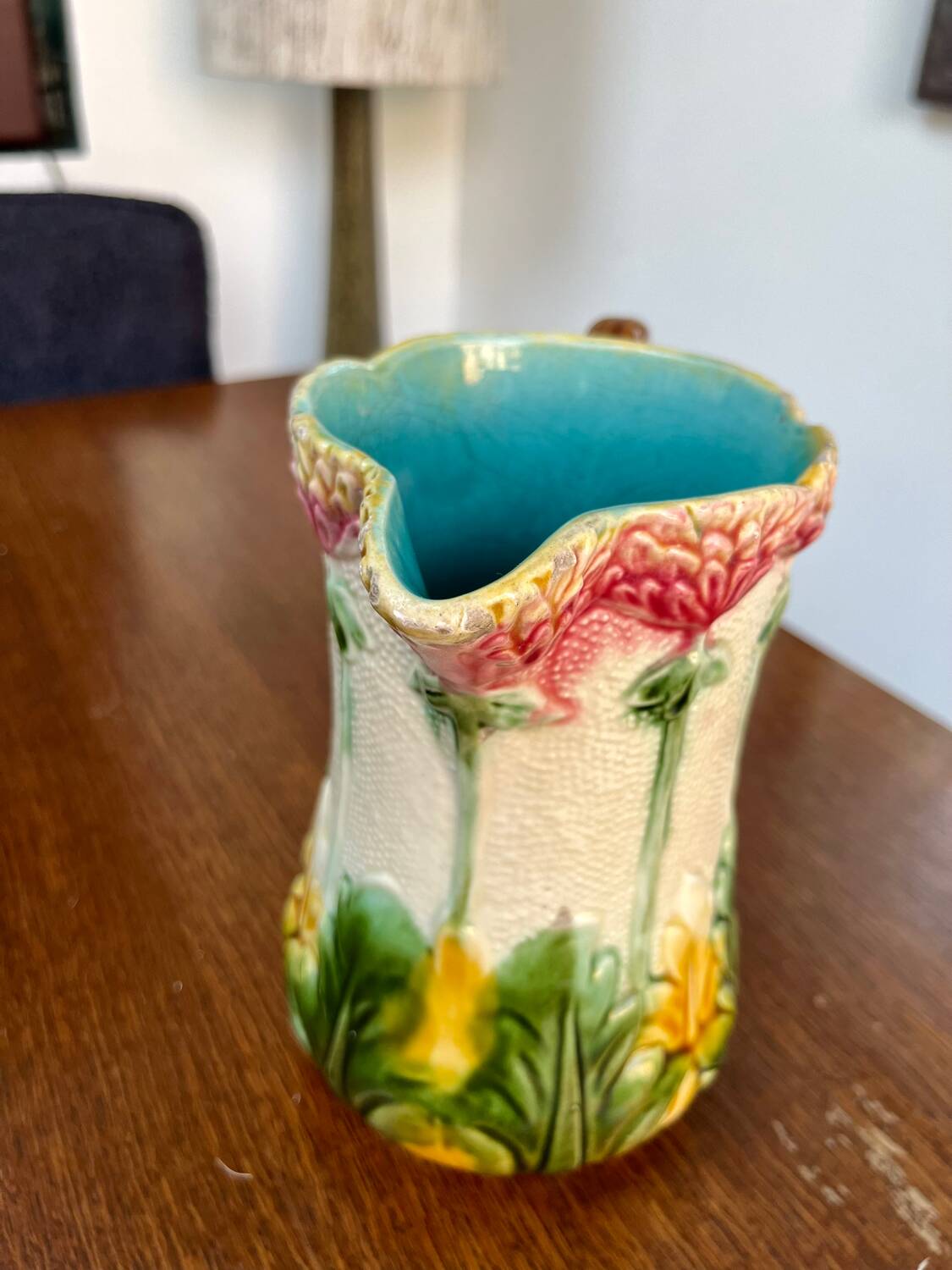 Antique floral barbotine jug – late 19th century ceramic