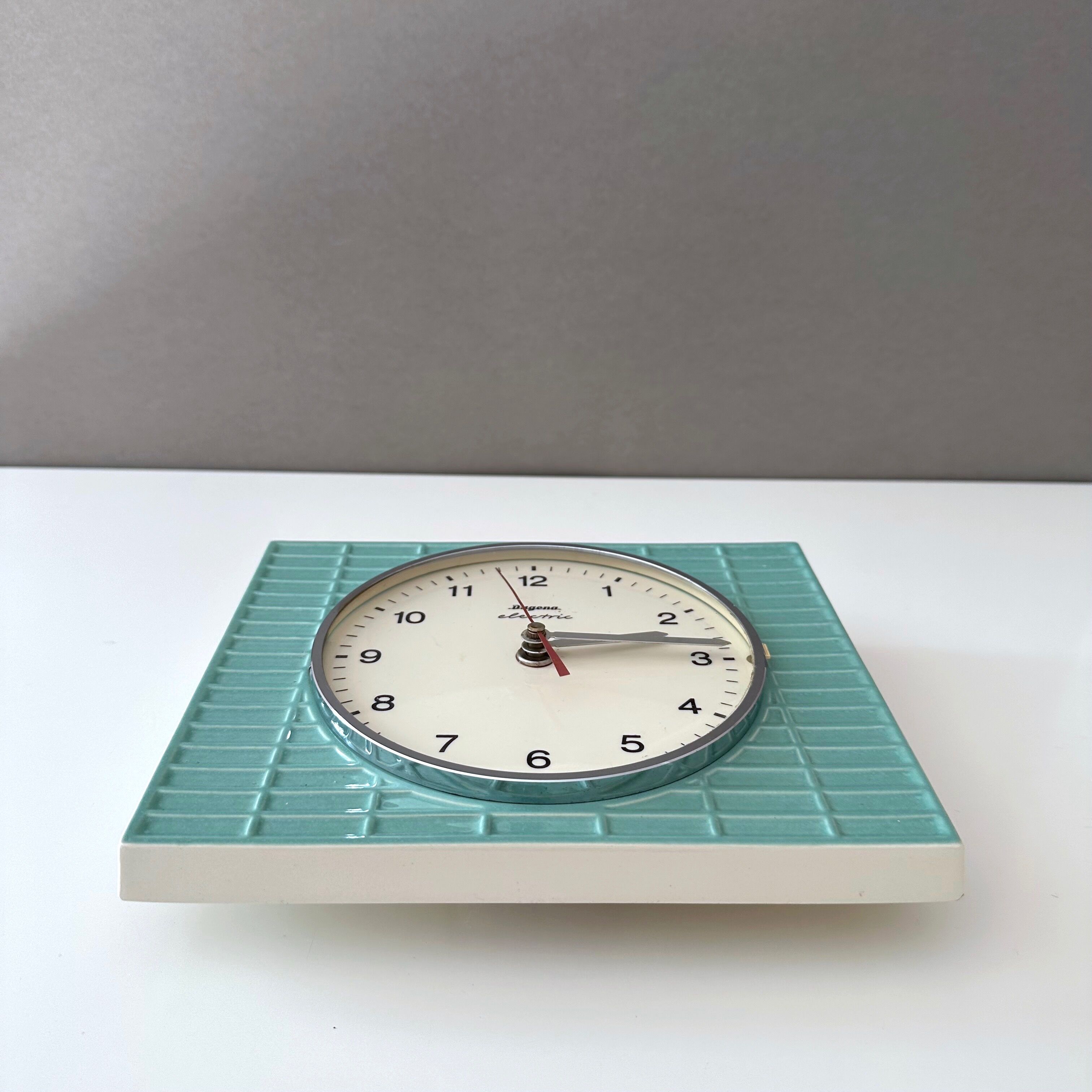 Vintage dugena wall clock, ceramic clock, pastel green, mid century clock