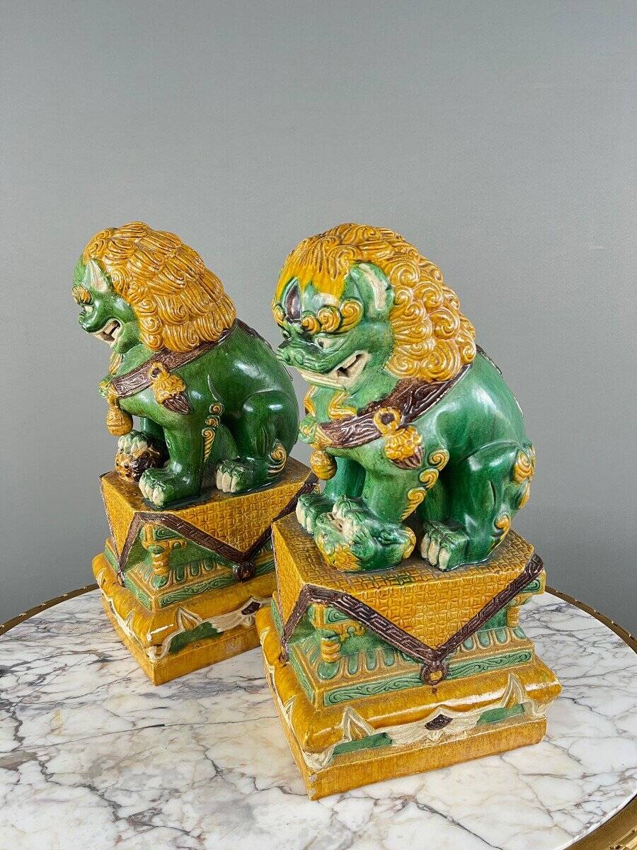 Pair of Guardian Lions in Glazed Ceramic, China, 20th Century