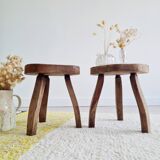Pair of solid wood tripod stools - brutalist
