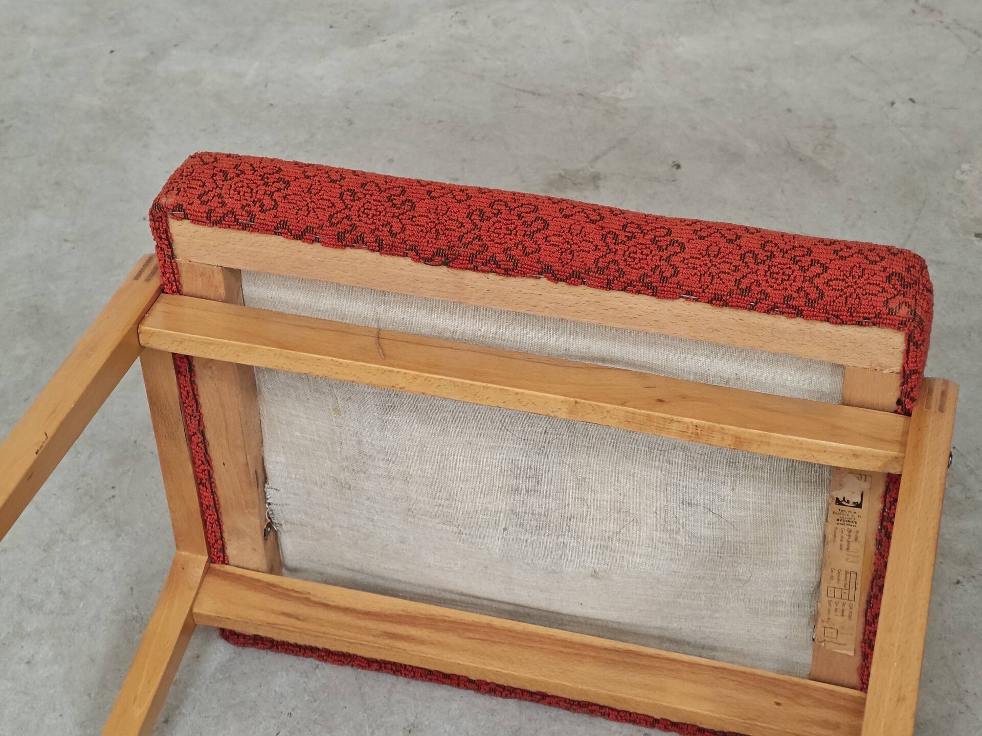 Ton bystrice stool (thonet) wood and orange patterned fabric 1960