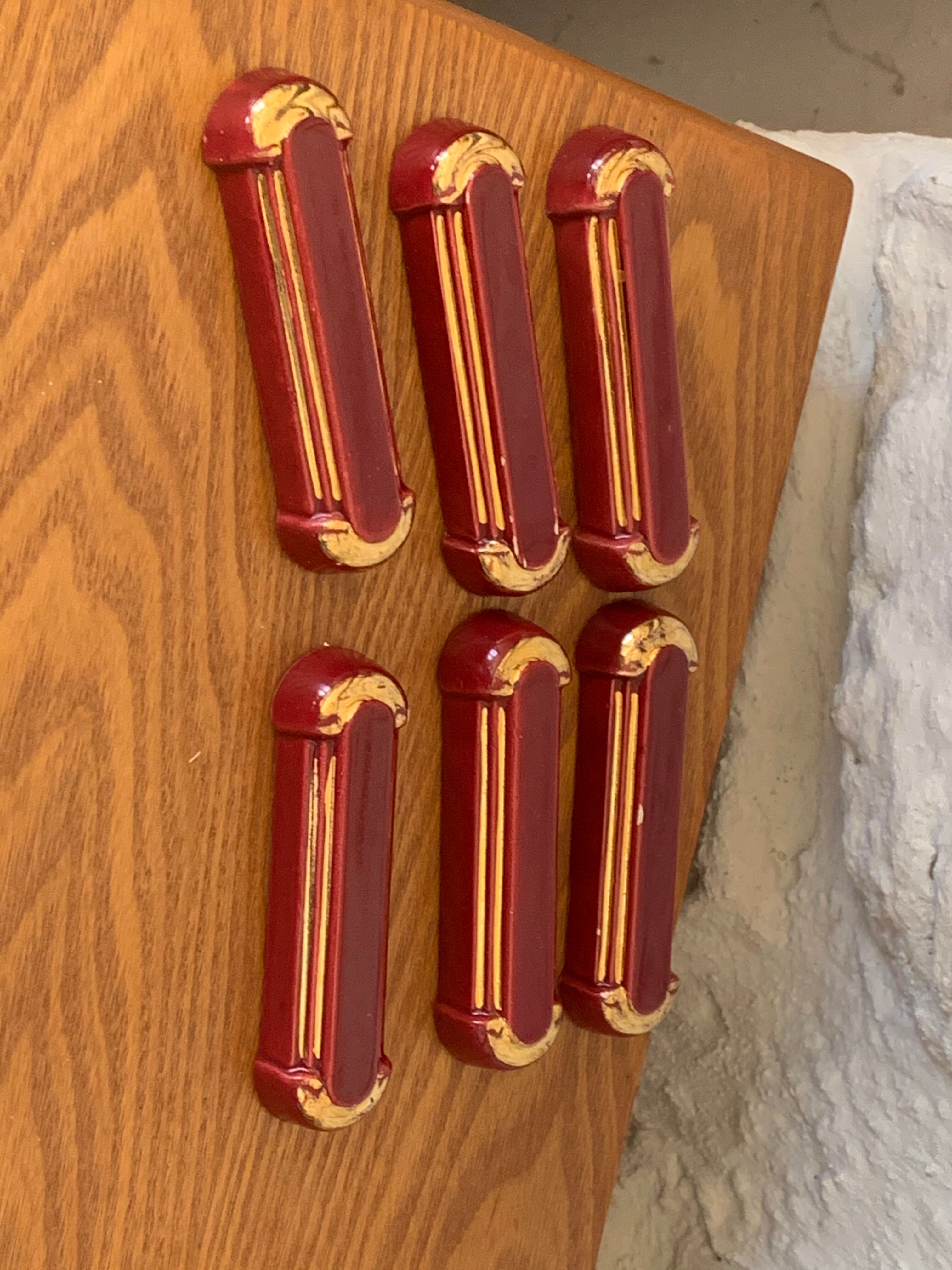 6 knife holders in burgundy glazed ceramic with art deco gold edging