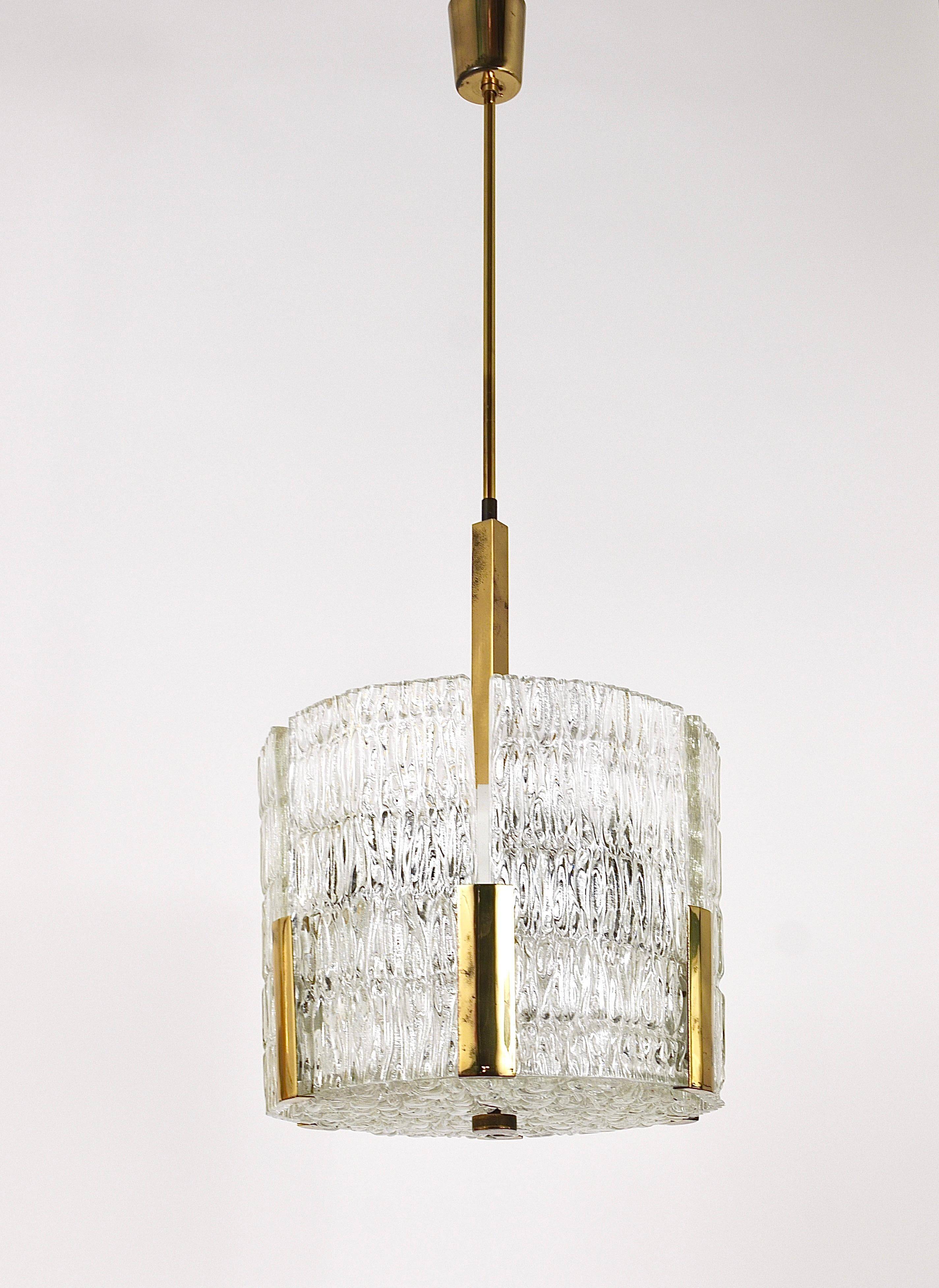 Kalmar Suspension Tambour Drum, Brass, Frosted Textured Glass, Austria, 1960s