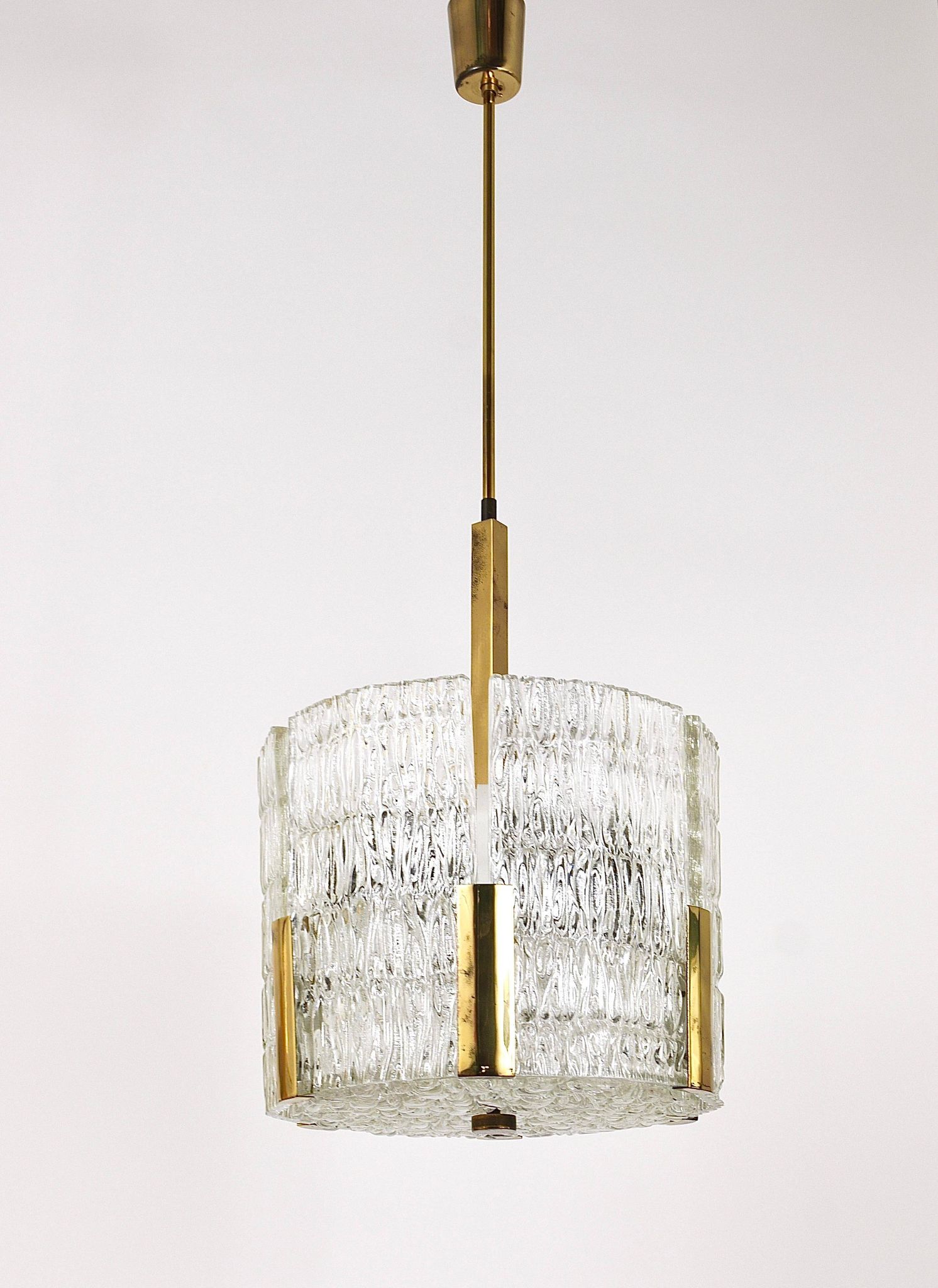 Kalmar Suspension Tambour Drum, Brass, Frosted Textured Glass, Austria, 1960s