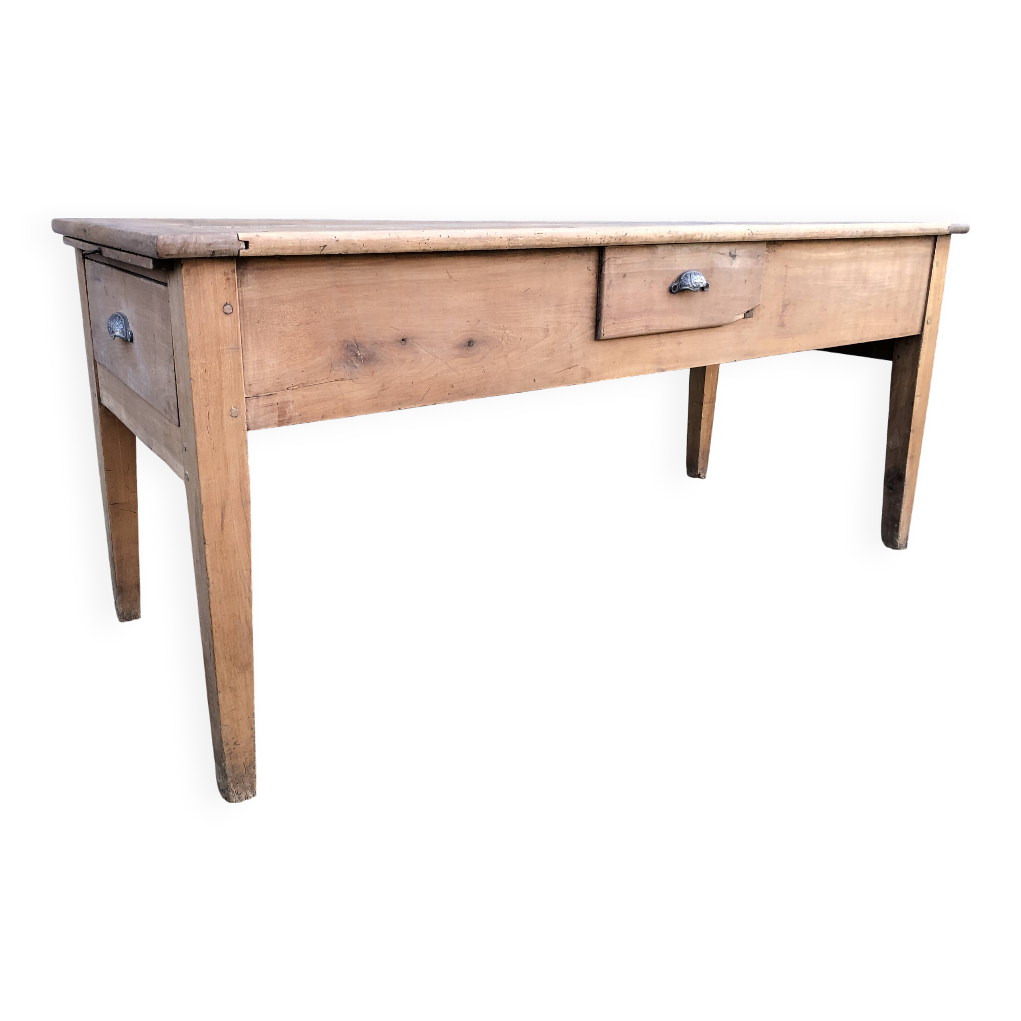 Antique solid cherry farmhouse table with 3 drawers and 1 pull out.