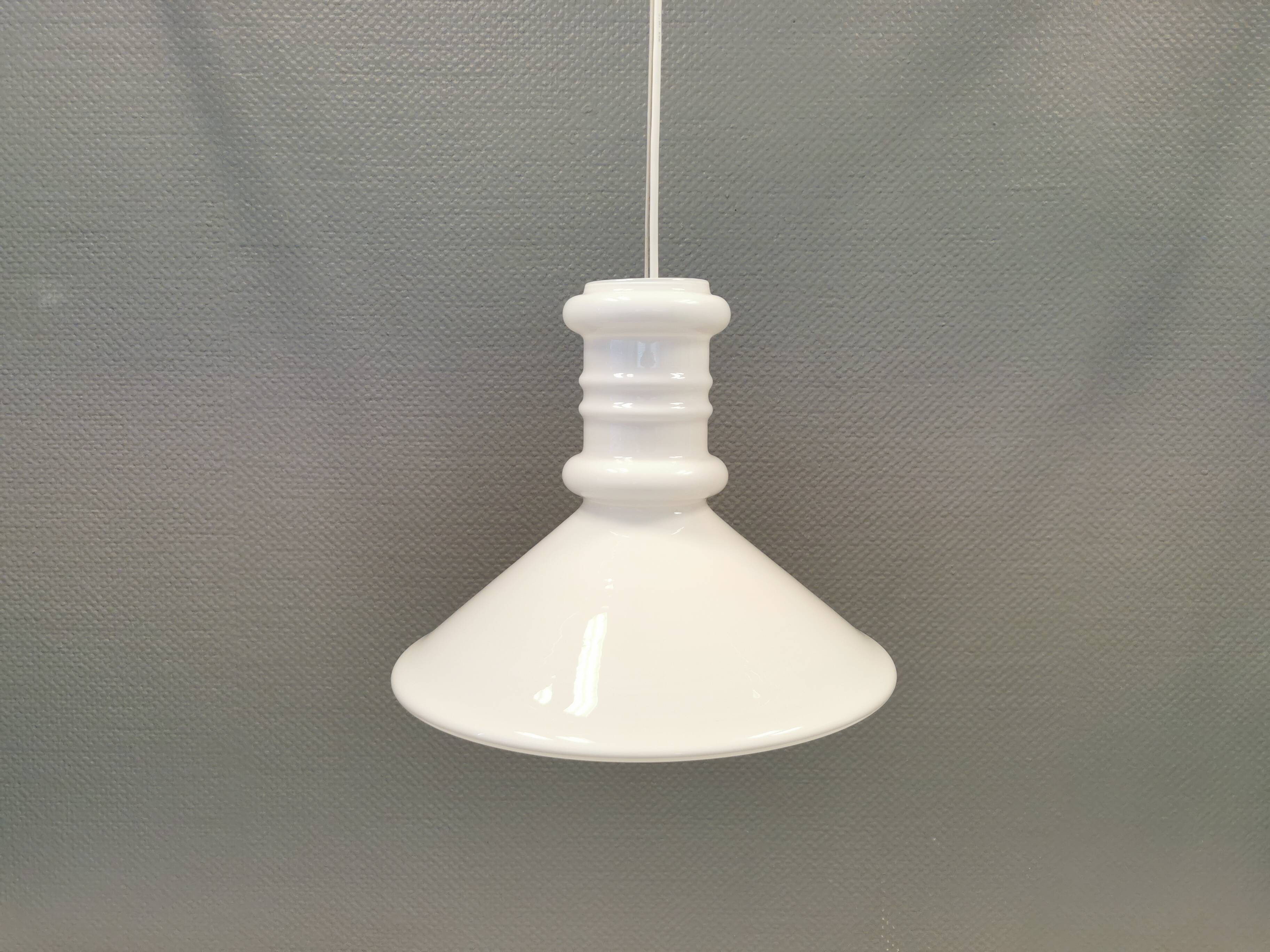 Royal Copenhan hanging lamp in double layer white opal glass. 1980s Denmark.
