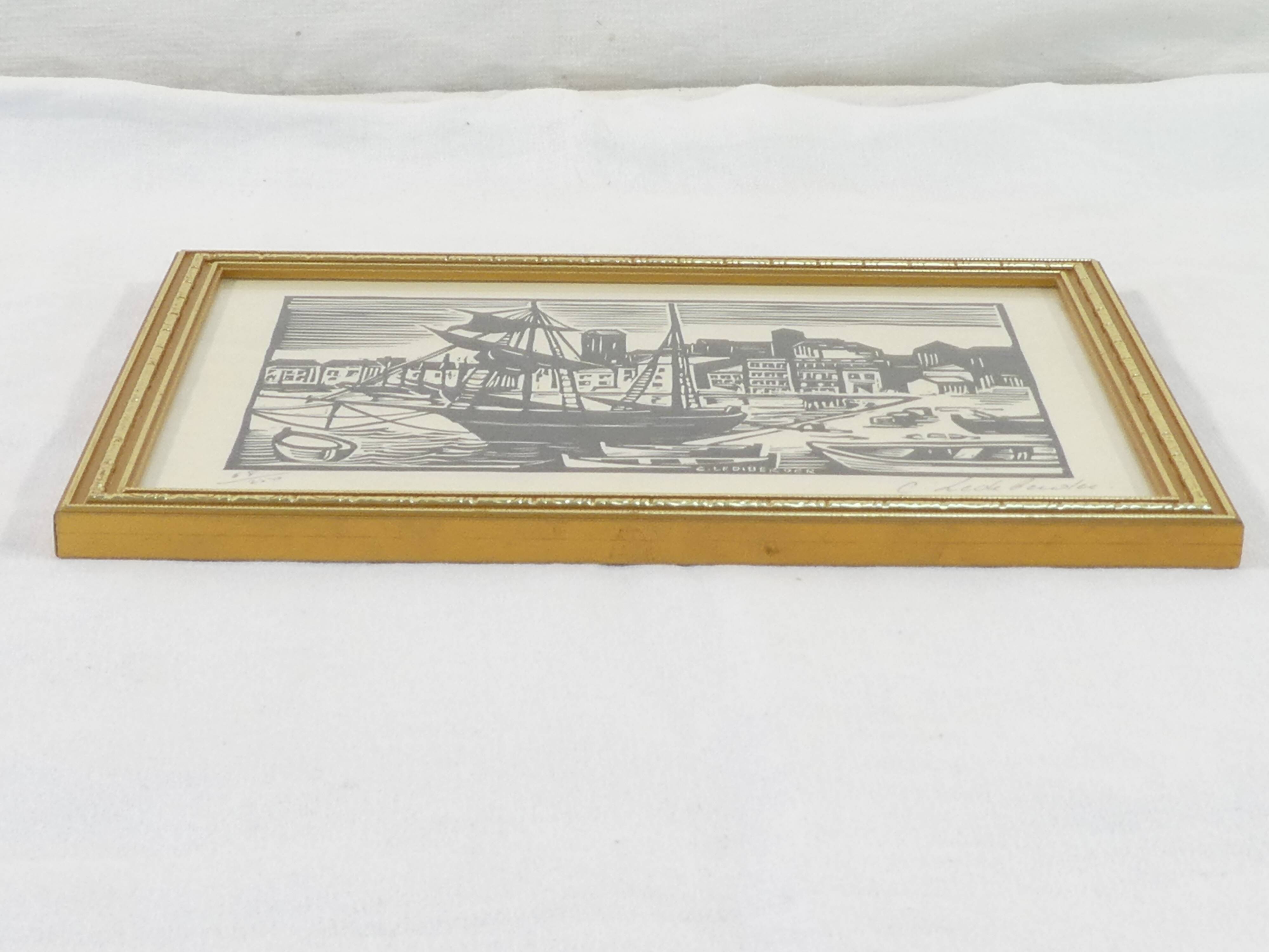 Lithograph print signed c. lediberder boat in port 68/250