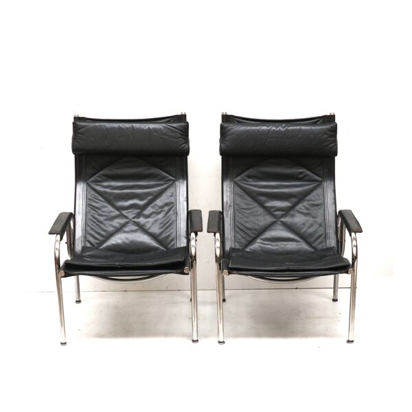 2x Fauteuil vintage en cuir noir de Strässle HE1106 conçu par Hans Eichenberger