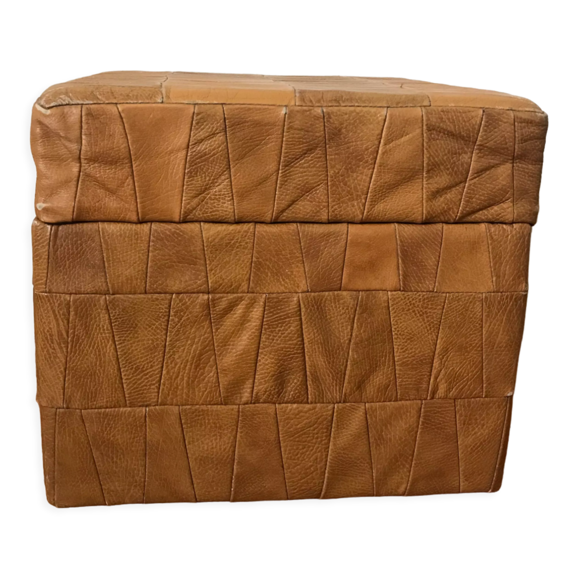 Pouf coffre cuir patchwork vintage circa 1960