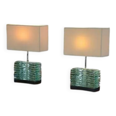 Paire de lampes brutalistes en verre brut et abat-jour beige 1960’s