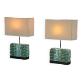 Pair of brutalist lamps in raw glass and beige shades, 1960s