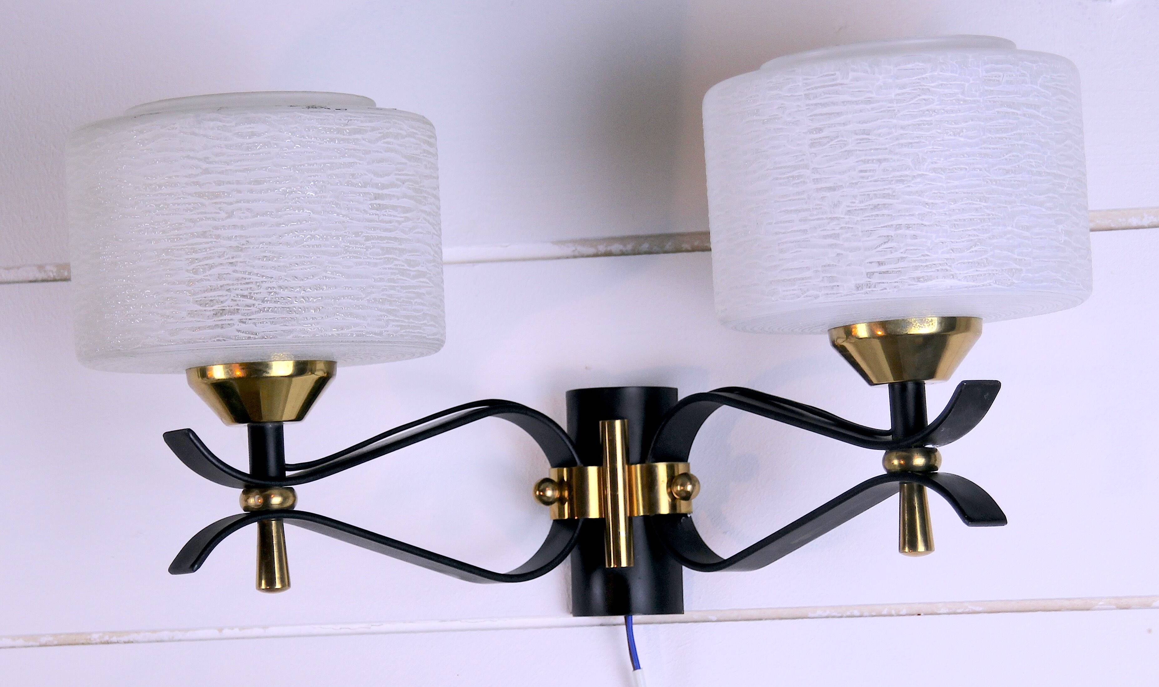 Pair of double wall sconces, Maison Arlus, Mid-Century, black brass opaline