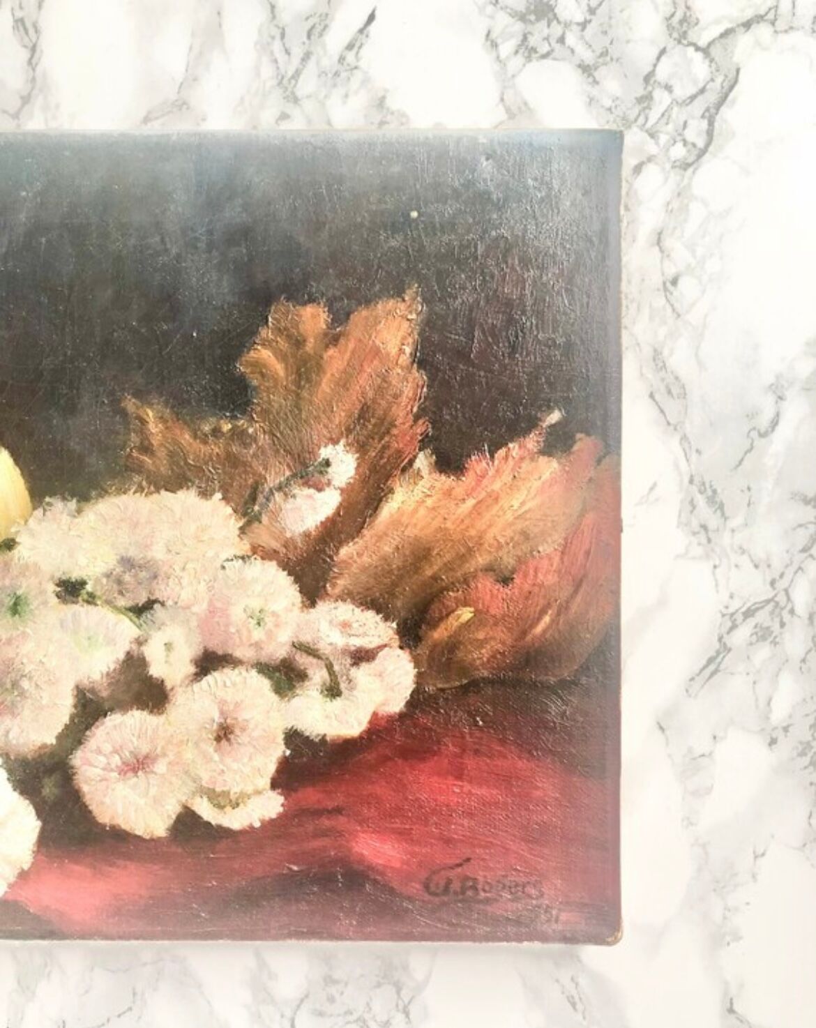 Oil on canvas depicting a still life of flowers