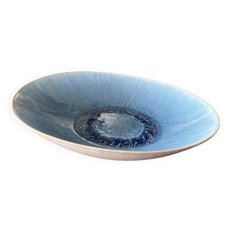 Large blue artisanal ceramic shallow dish from the 20th century.