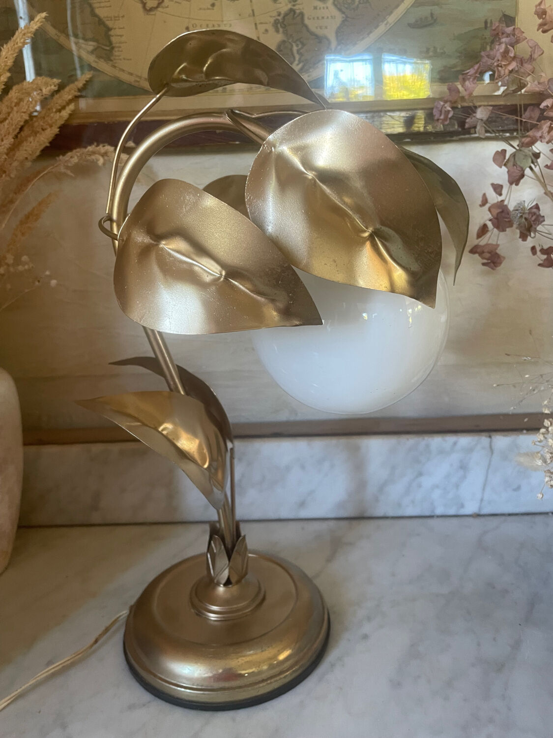 70s gold metal and opaline lamp
