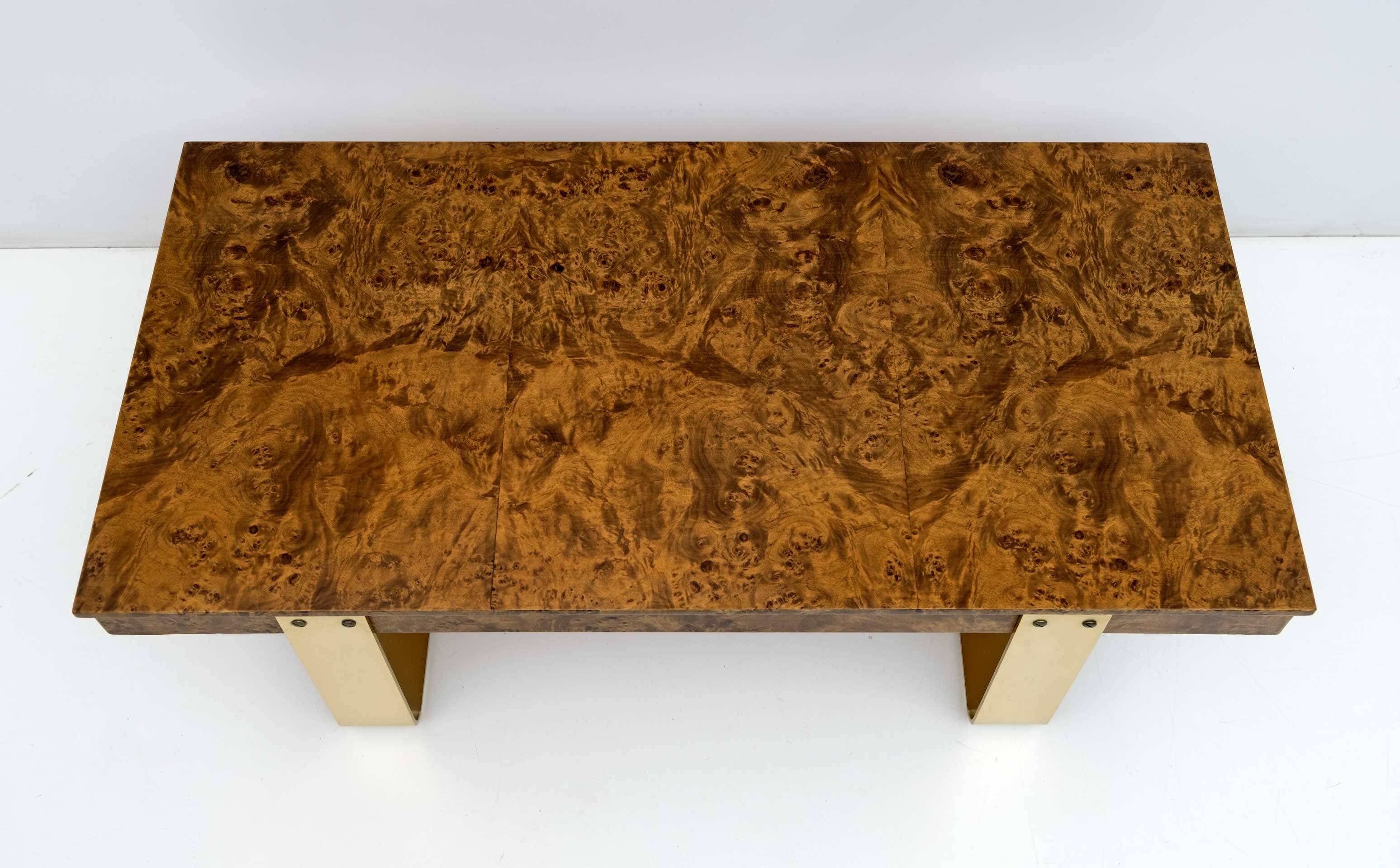 Mid-Century Modern Italian Briar Walnut and Brass Coffee Table, 1970s