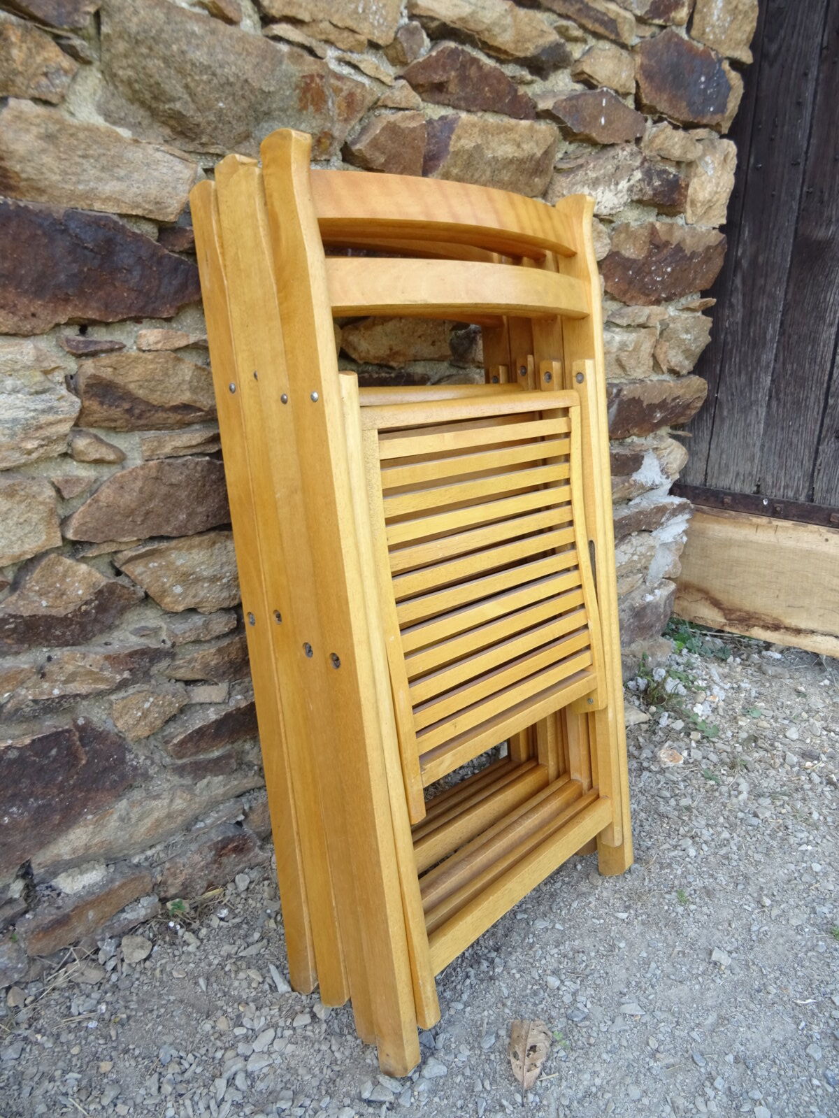 Series of 4 folding chairs in solid beech