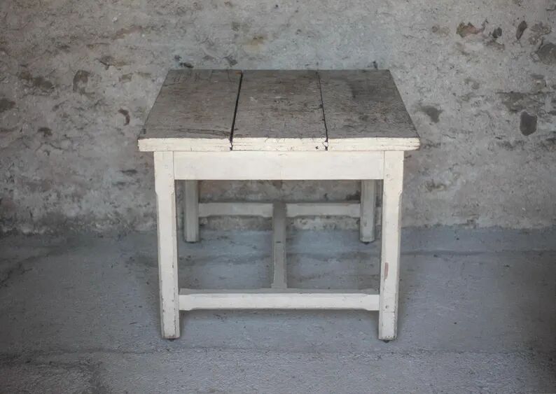 Antique wooden table, wheeled side table, kitchen table, interior decoration