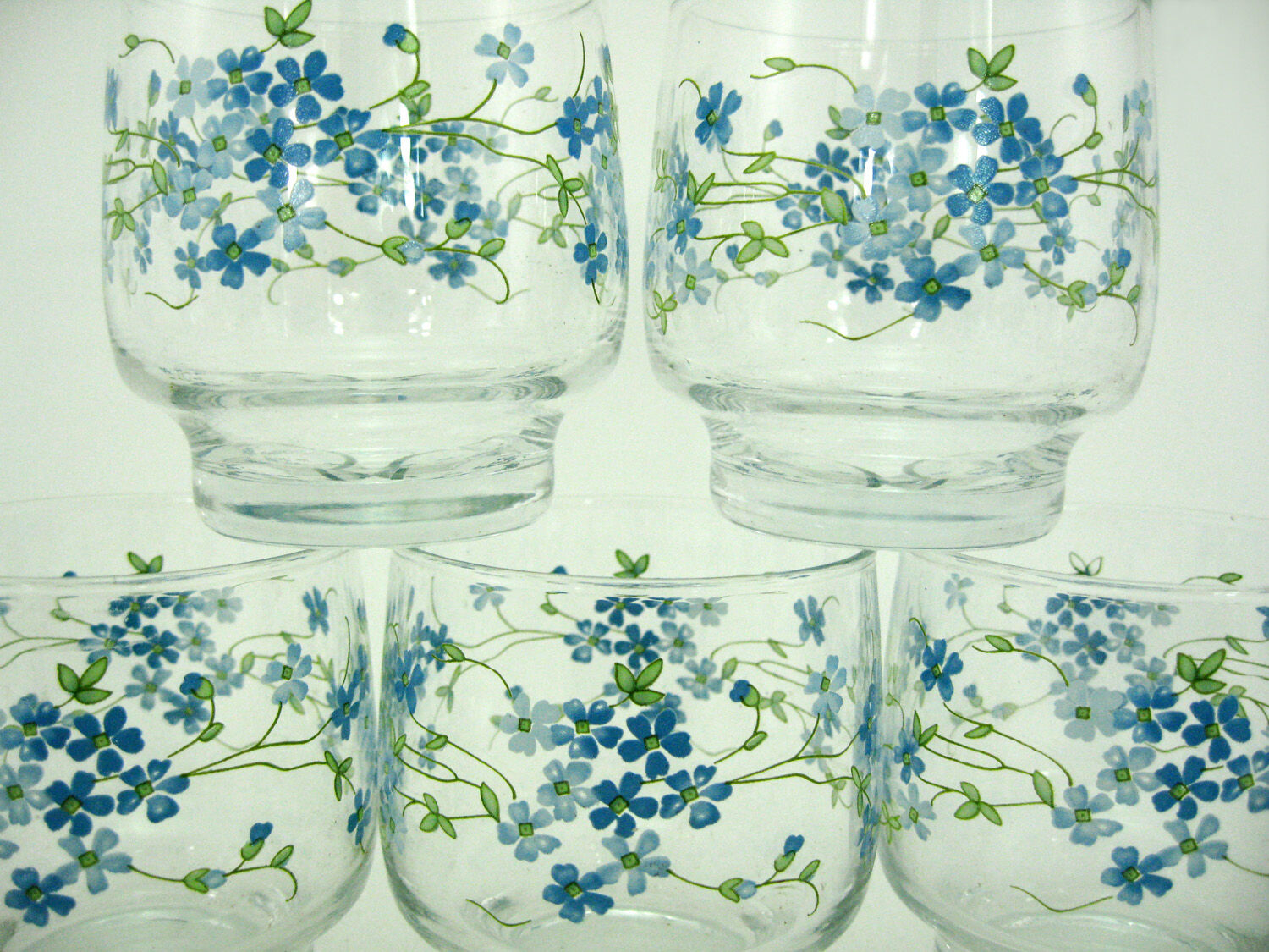 5 water glasses - decoration small blue flowers - Veronica Luminarc Arcoroc - vintage 80s