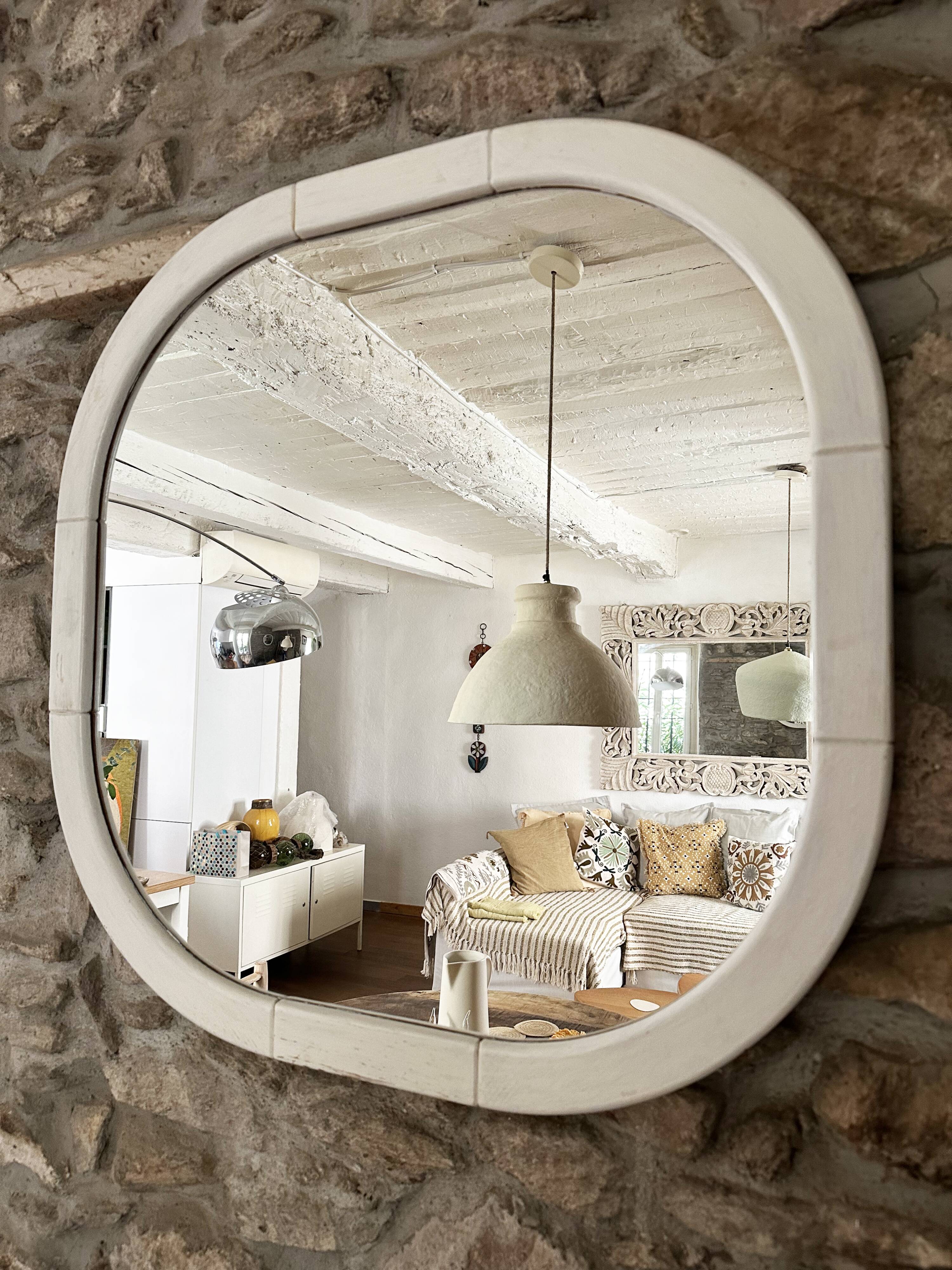 Scandinavian Space Age mirror in patinated white wood, 1970s