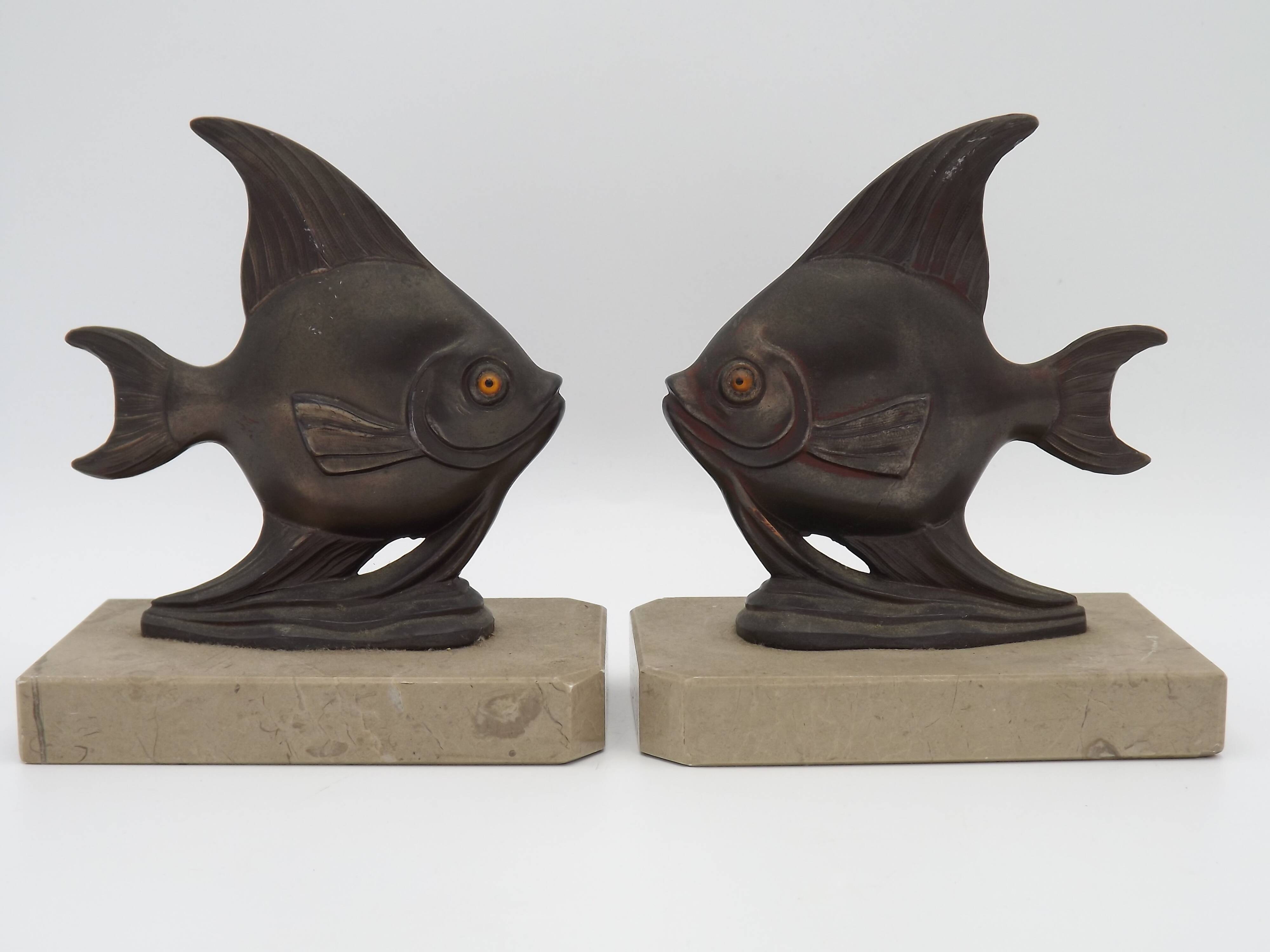Vintage French Art Deco Fish Book Ends - Marble and Spelter Bookends