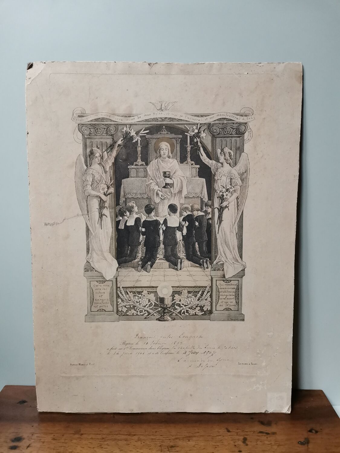 Gravure religieuse dorée, depuis 1900, certificat de baptêmes Vintage