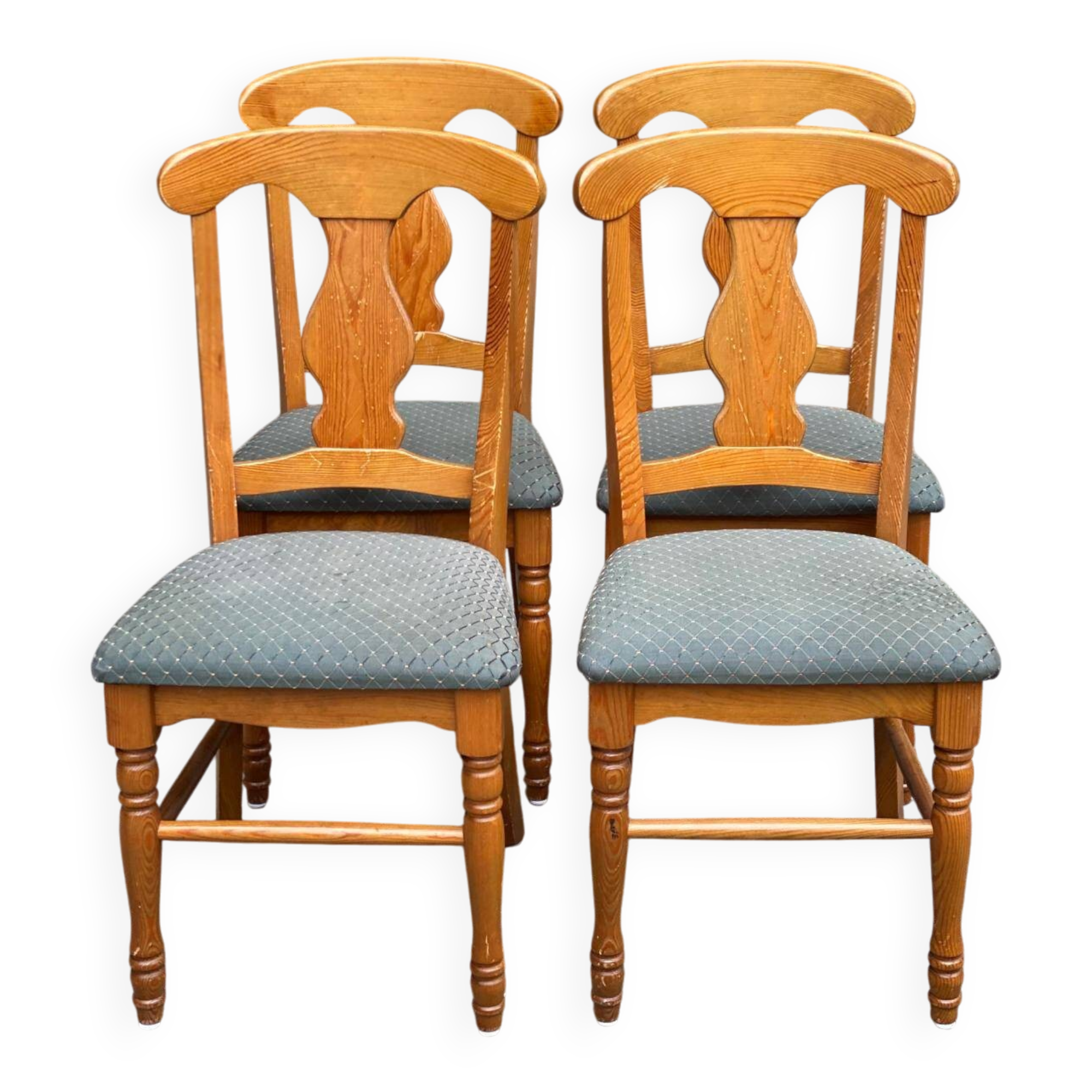 4 Landes chairs with solid wood frames and grey fabric.