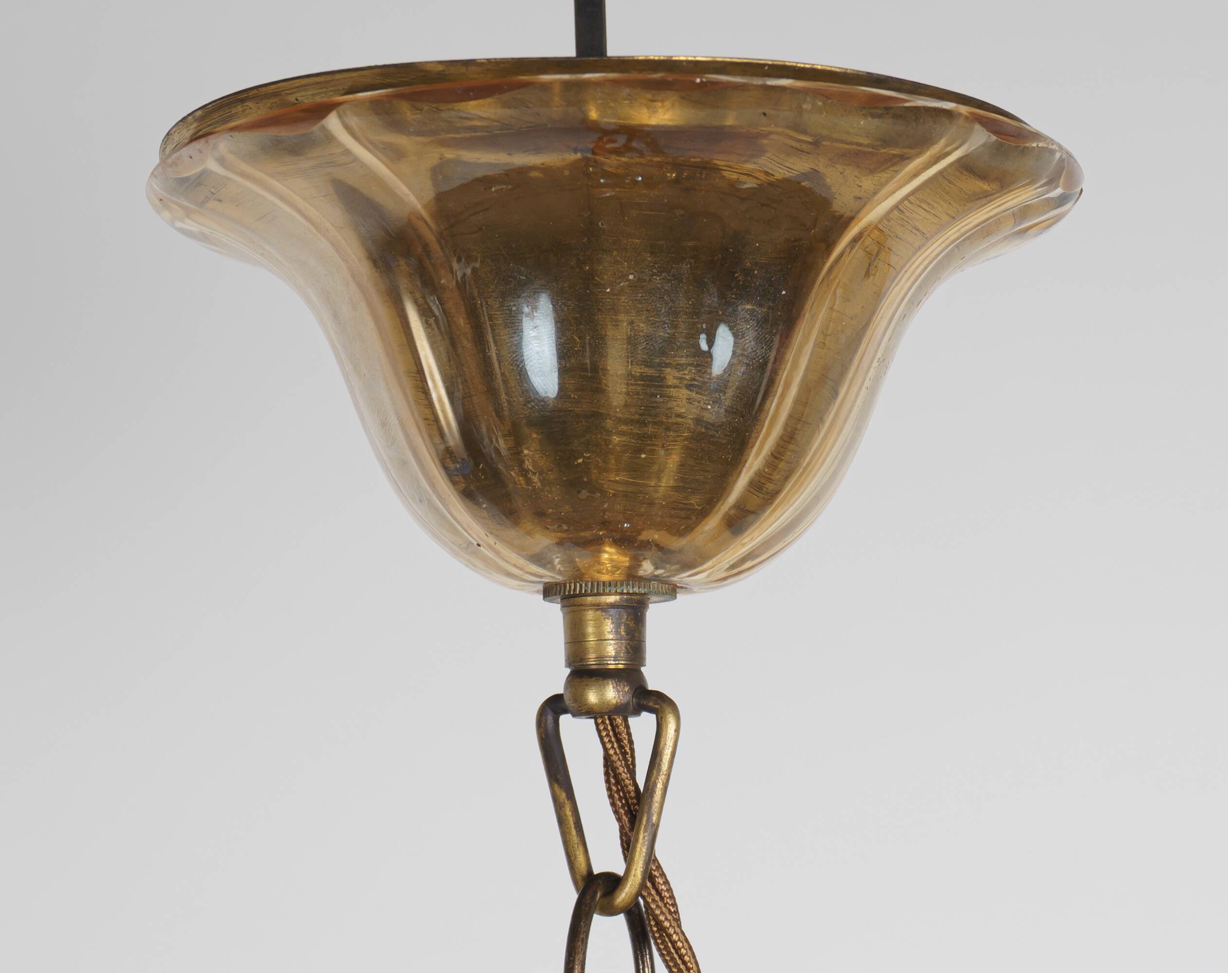 Vintage Murano 5-Arm Ribbed Topaz Glass Chandelier Pendant Lamp