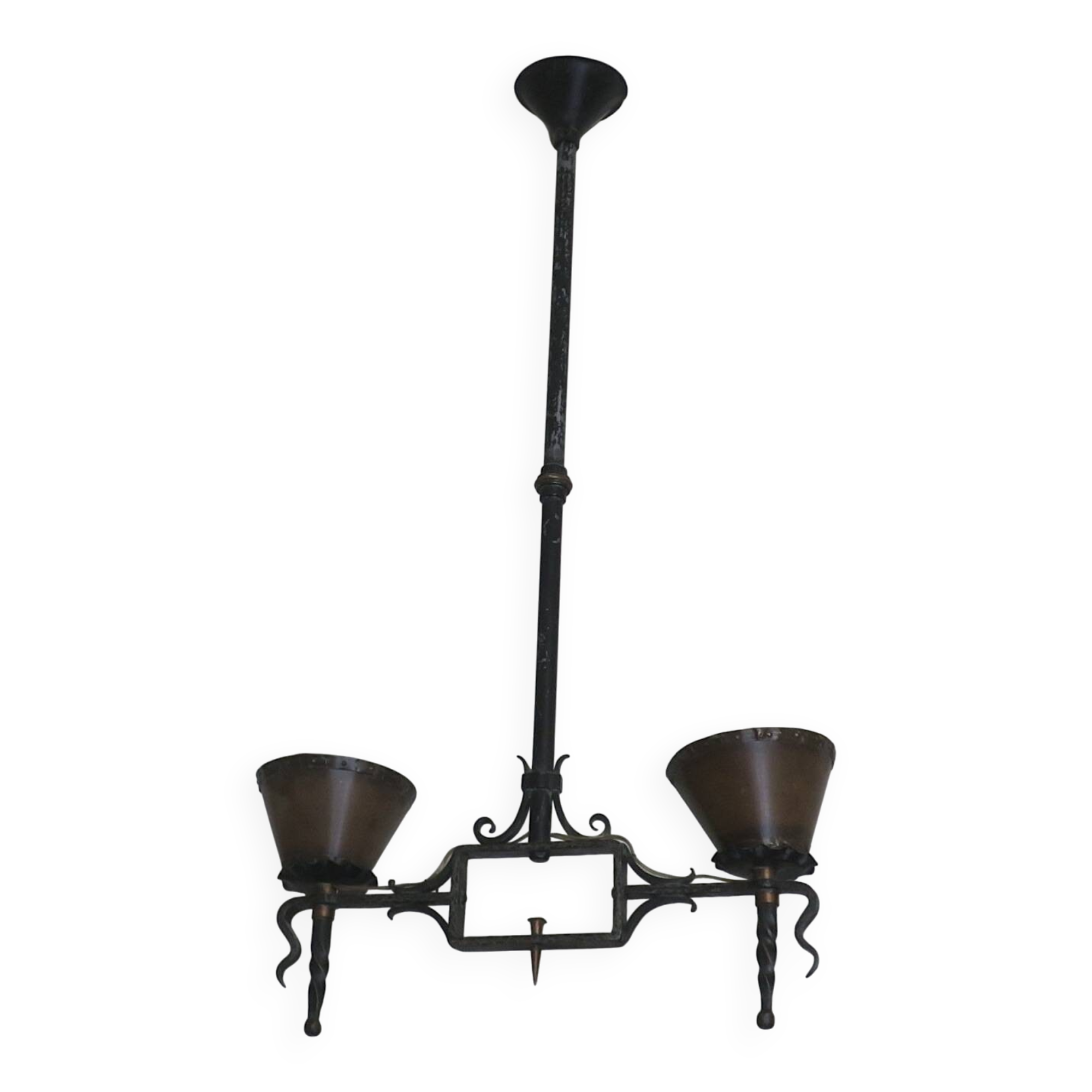 Brutalist wrought iron and copper 2-arm chandelier, 1960s
