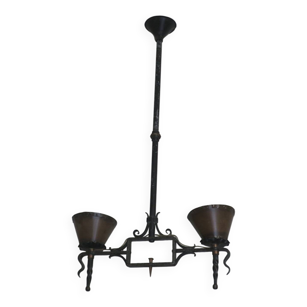 Lustre brutaliste à deux bras en fer forgé et cuivre, années 1960