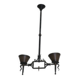 Brutalist wrought iron and copper 2-arm chandelier, 1960s