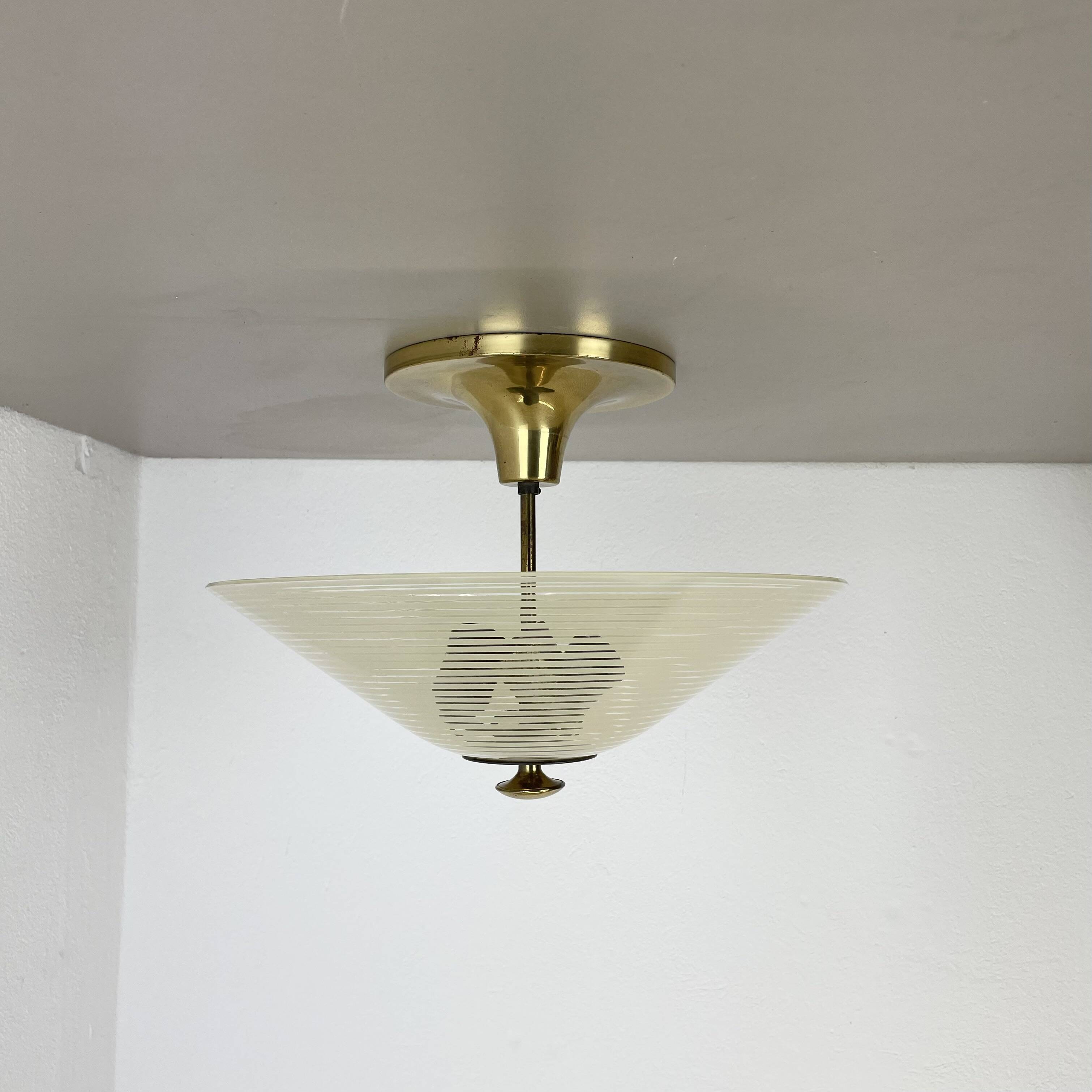 Modernist brass and glass Ceiling Flushmount Light, Italy 1950s