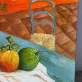 Still life with flowers, bread, apples and chair, signed