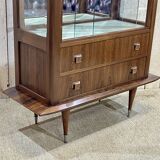 Vitrine des années 60 en palissandre, acajou et poignées cuir