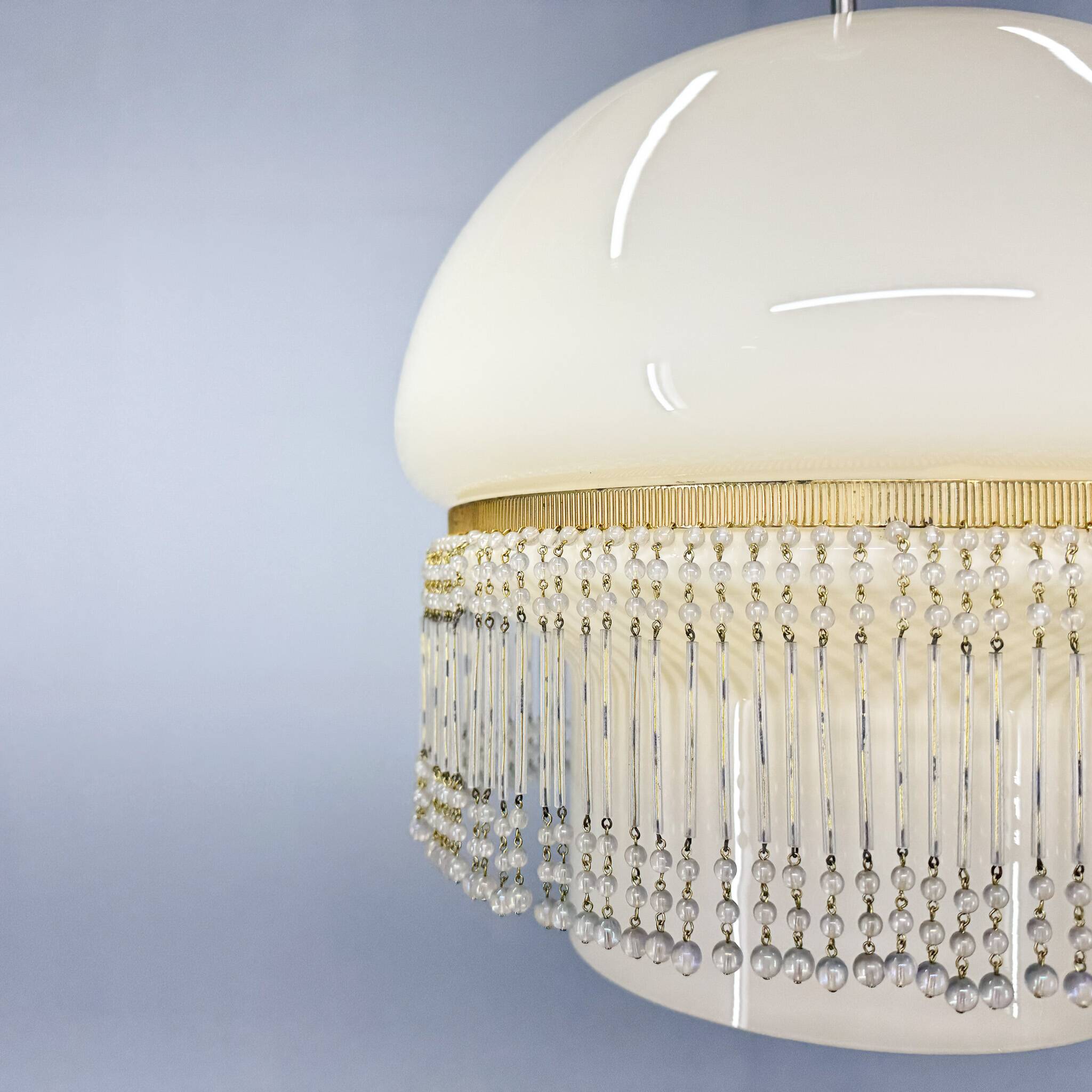 Mid-Century Opaline Glass Pendant Light with Brass Detail & Beads