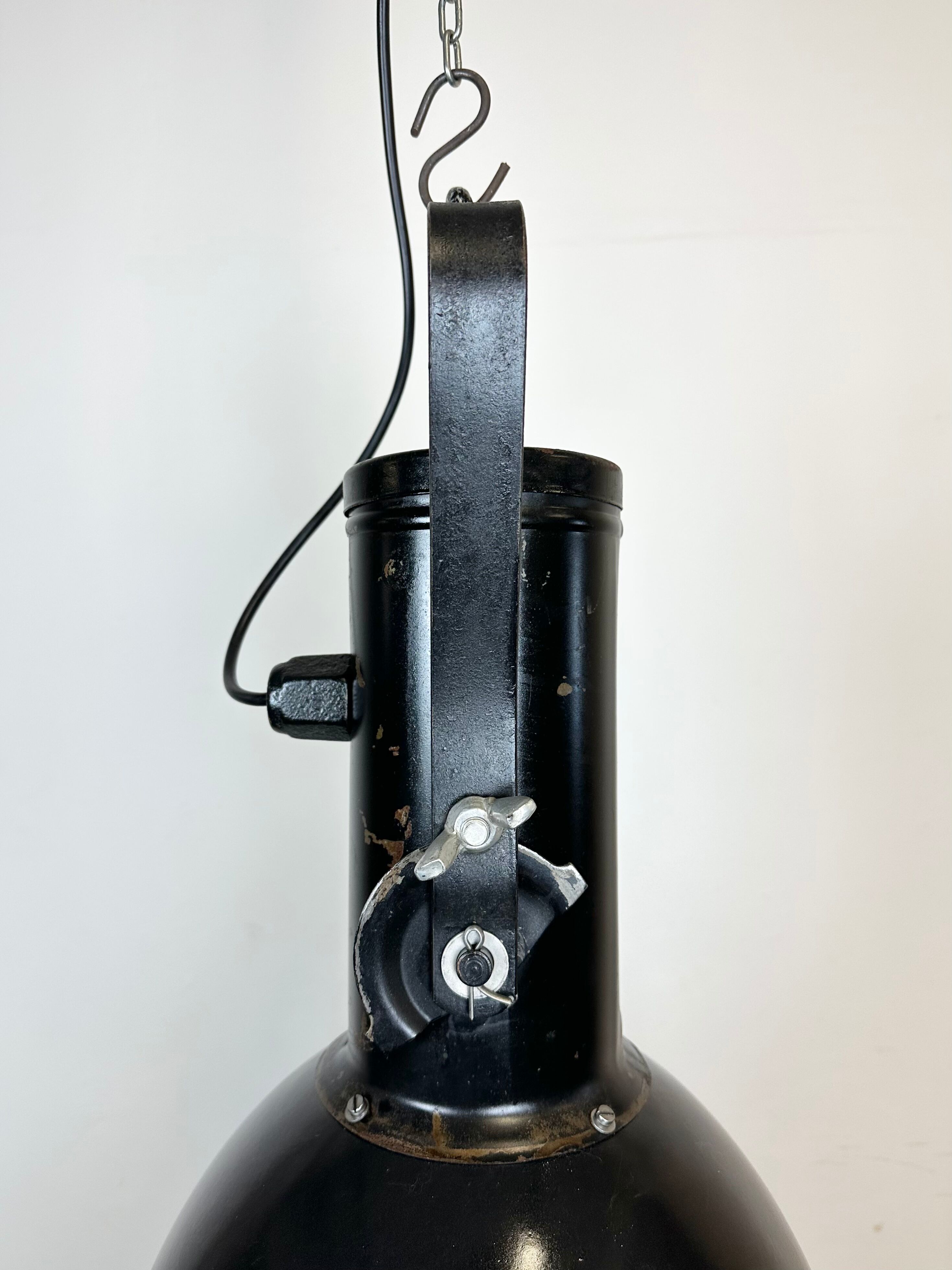 Industrial Black Enamel Factory Spotlight with Convex Glass Cover, 1960s