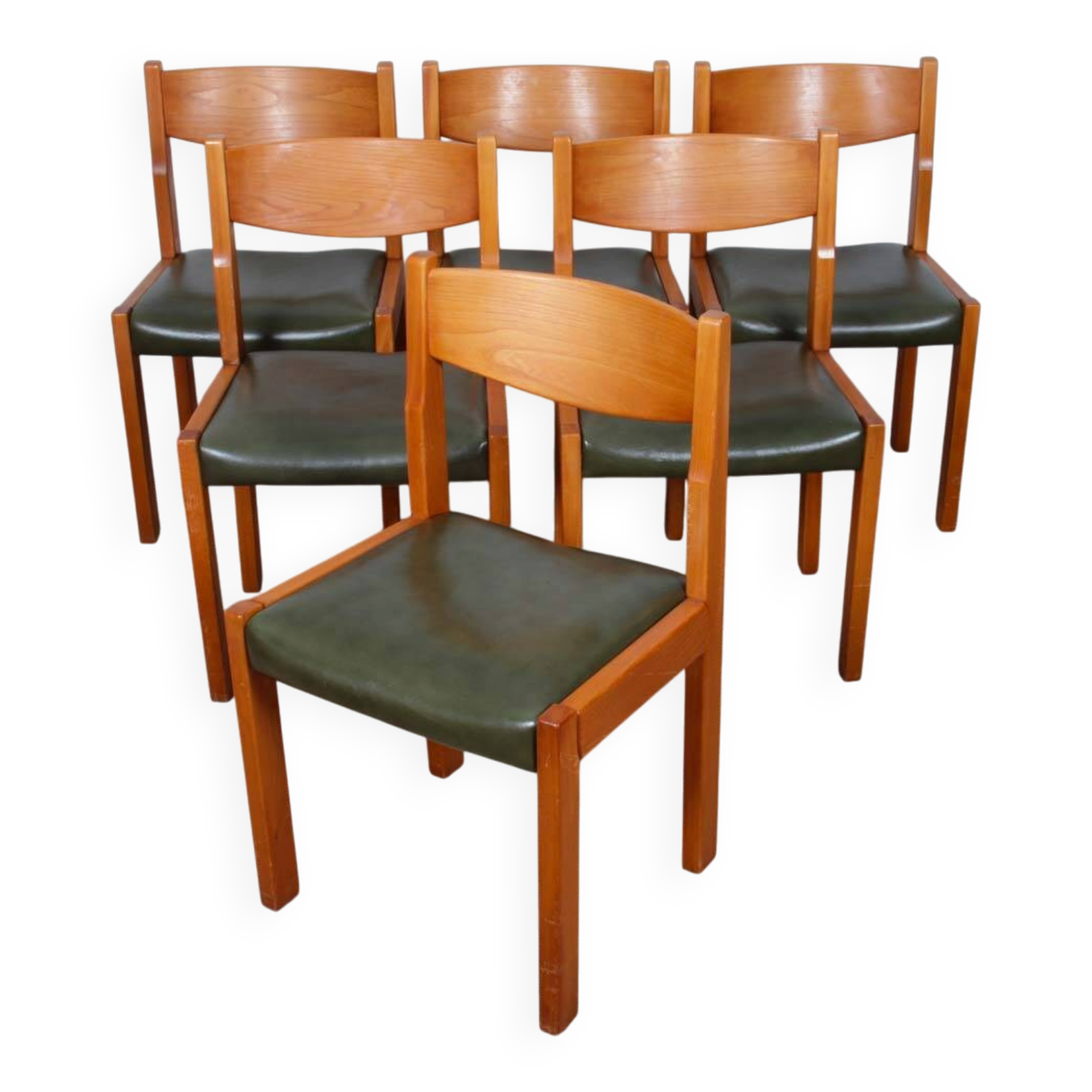 Set of 6 solid elm and leather chairs by Self, 1980.